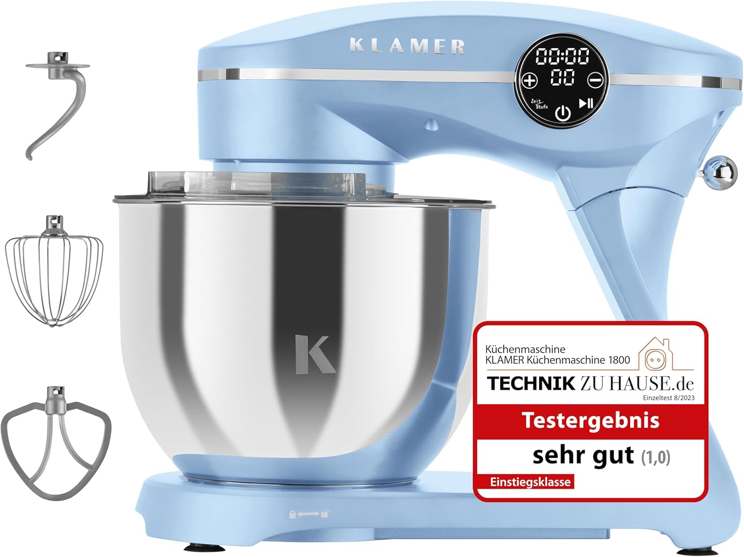 KLAMER Küchenmaschine 1800W, Knetmaschine Brotteig mit Edelstahl-Rührschüssel 6 L, 10 Stufen mit Timer, Planetenrührwerk, Rührbesen, Knethaken, Schneebesen & Sichtdeckel (schwarz)
