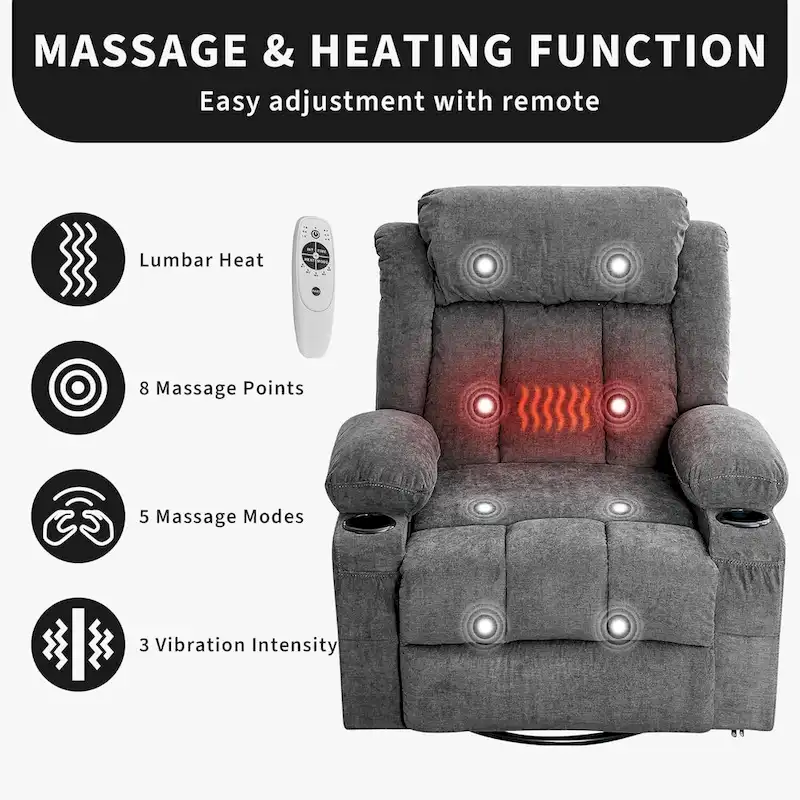 Recliner Chair, Rocking Chairs with Massage and Heat, Side Pockets and Cup Holder
