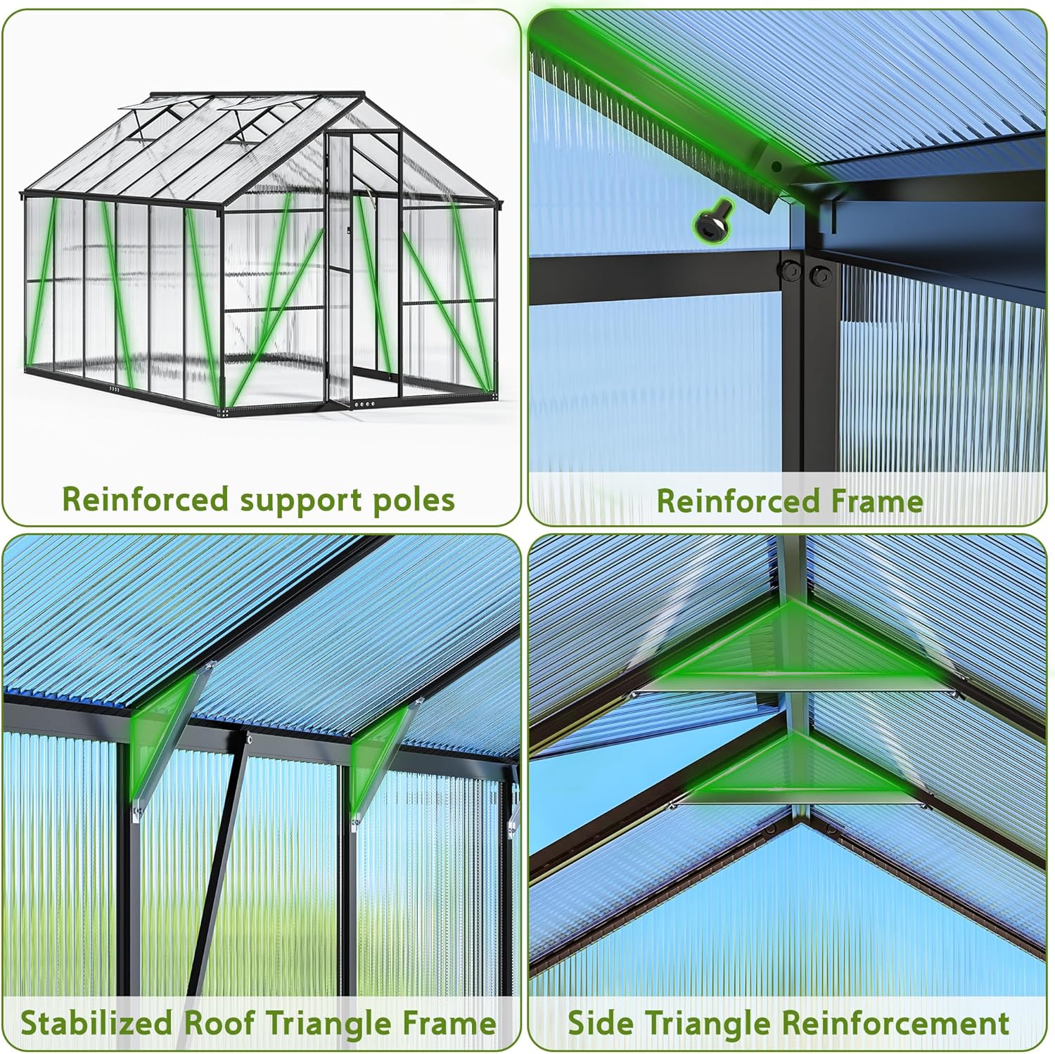 Gewächshaus Aluminium für den Garten, 362x247x205cm Gewächshaus Aluminium mit Fundament, Verstellbare Dachentlüftung, Vielseitig nutzbar als Winterfest Aufzucht Pflanzenhaus und Pflanzenhaus