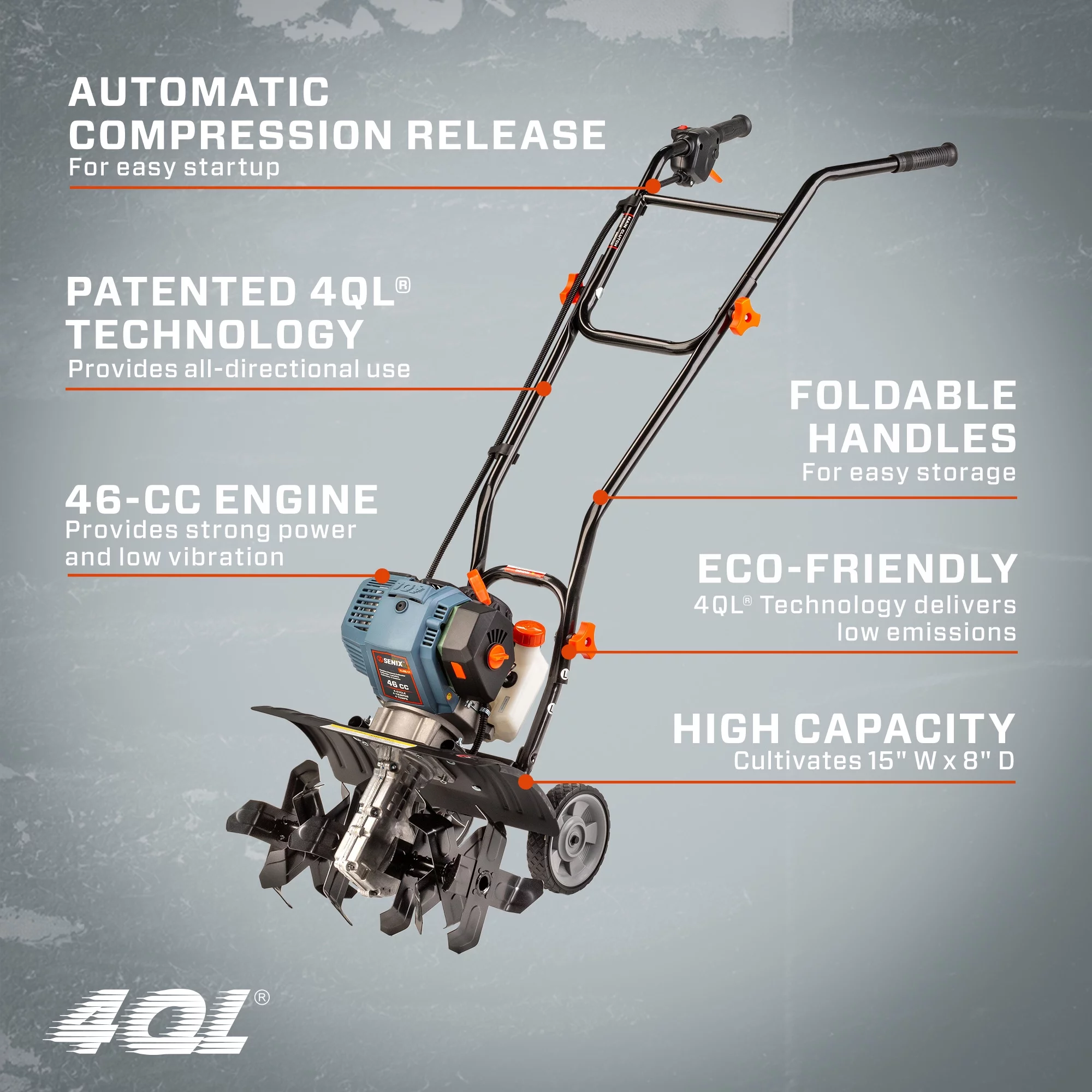 2025 SENIX Gas Aangedreven Cultivator van 46 cc, 4-Takt Motor, Werkbreedte van 15 Inch, Werkdiepte van 8 Inch, Model TL4QL-L1