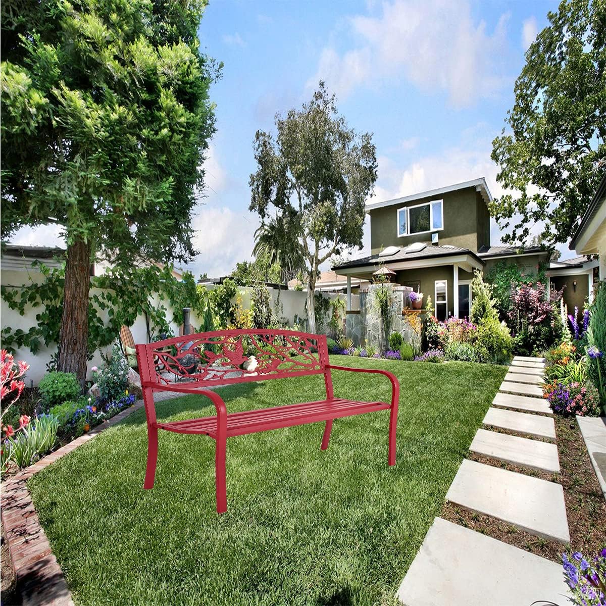 GIANTEX Gartenbank 2 Sitzer, Parkbank aus Metall, Eisenbank bis 280 kg belastbar, Terrassenbank mit Rücken- & Armlehnen, Sitzbank im Retro-Stil für Garten, Balkon, Terrasse, 127 x 59.5 x 87.5 cm rot