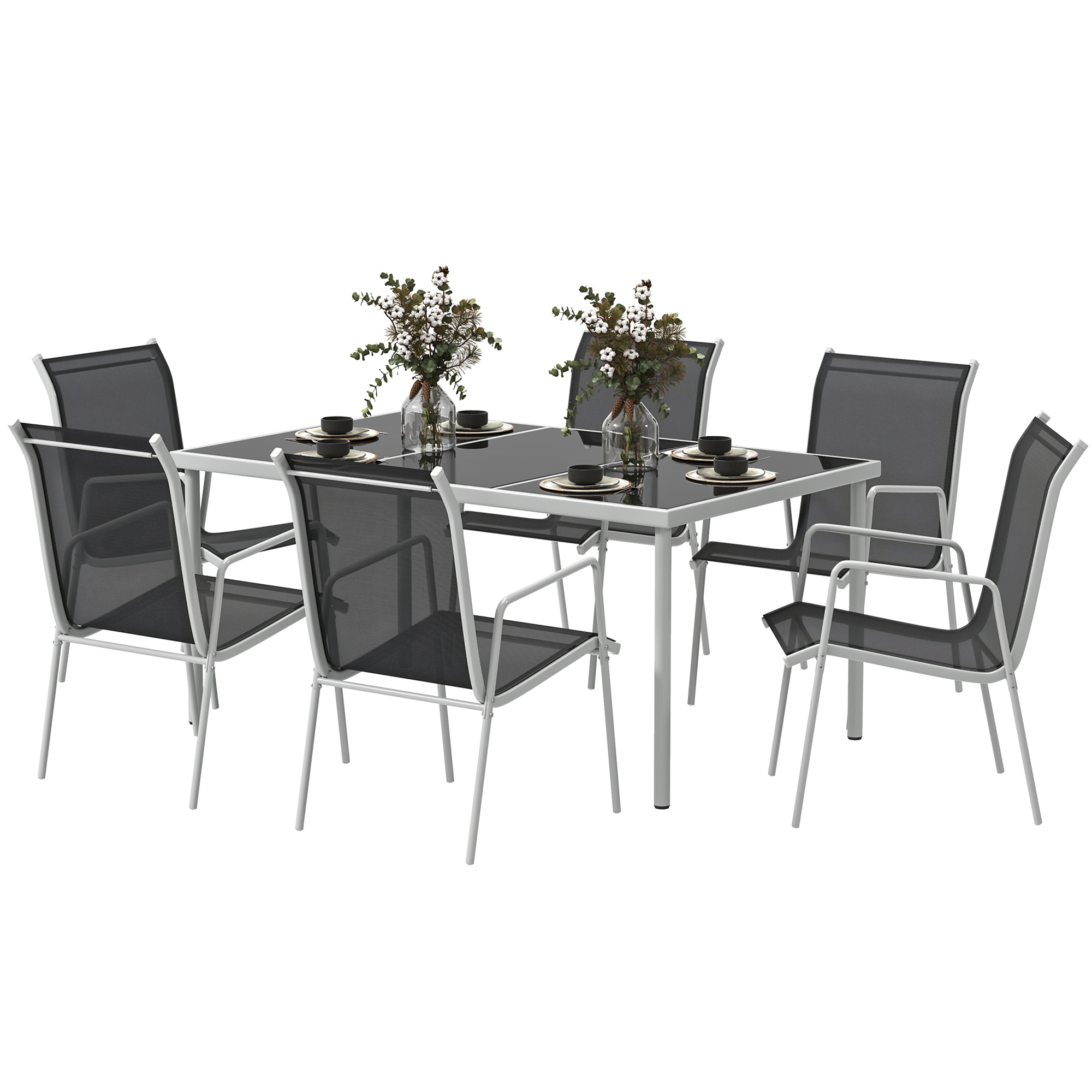 7-delige tuinmeubelset met eettafel en 6 stapelbare stoelen, Glastafel, Zwart