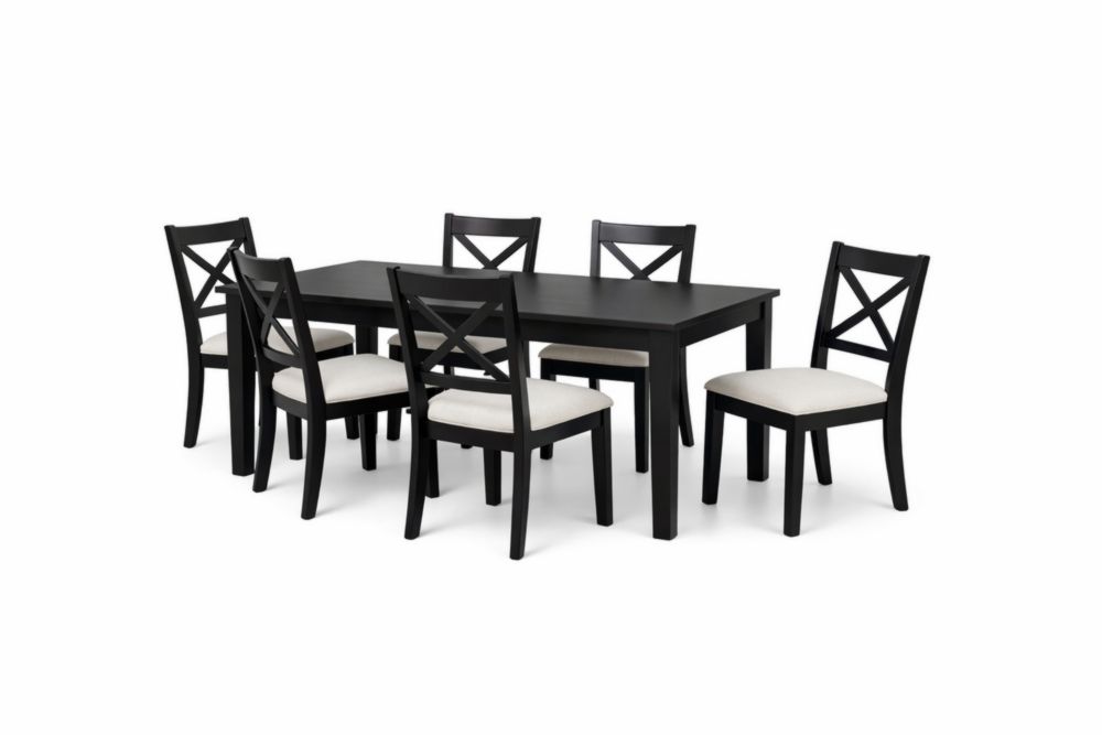 Black Engineered Wood Dining Table with 6 Chairs, Cushioned Fabric Seats