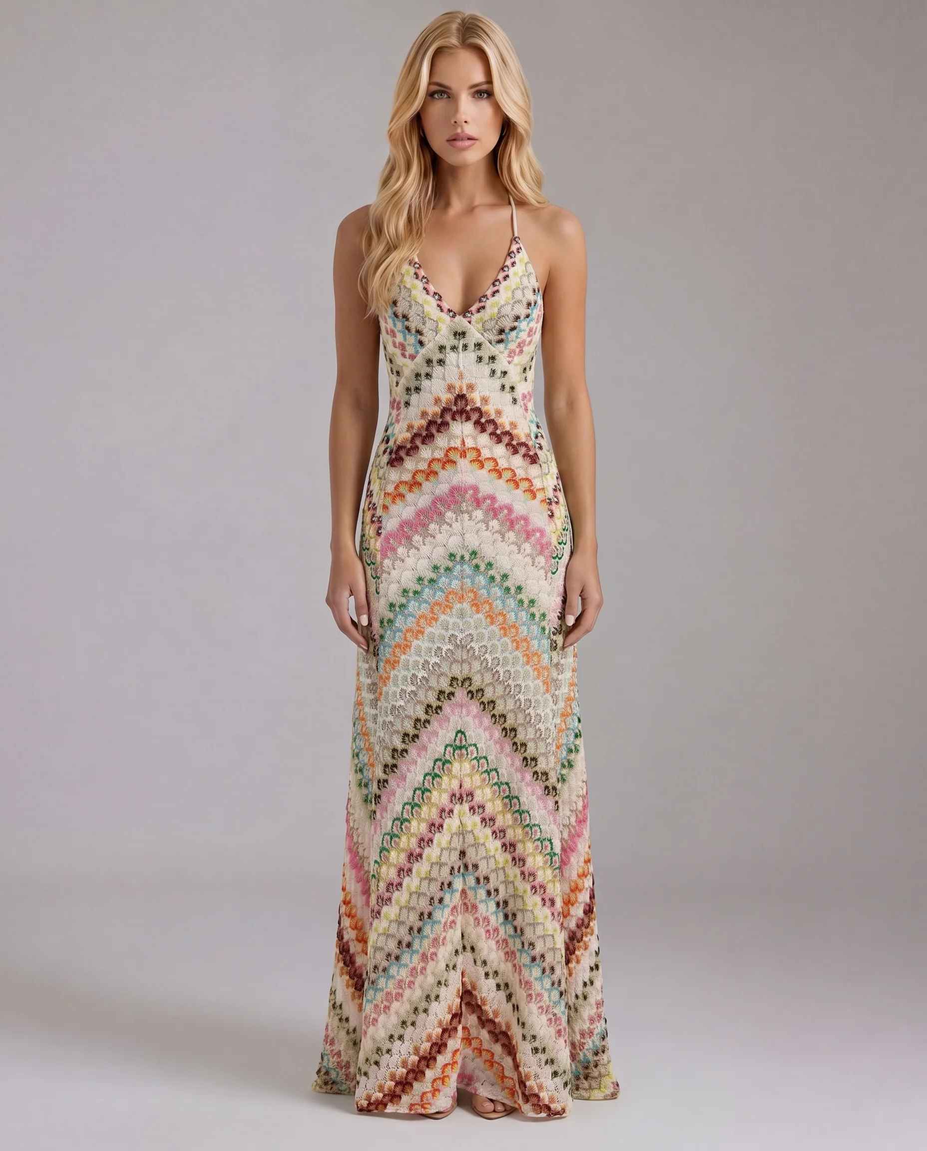 Boho H?kelkleid f��r Damen | Maxikleid mit Chevron-Muster und V-Ausschnitt | Luftiges Sommerkleid in H?keloptik f��r den Urlaub
