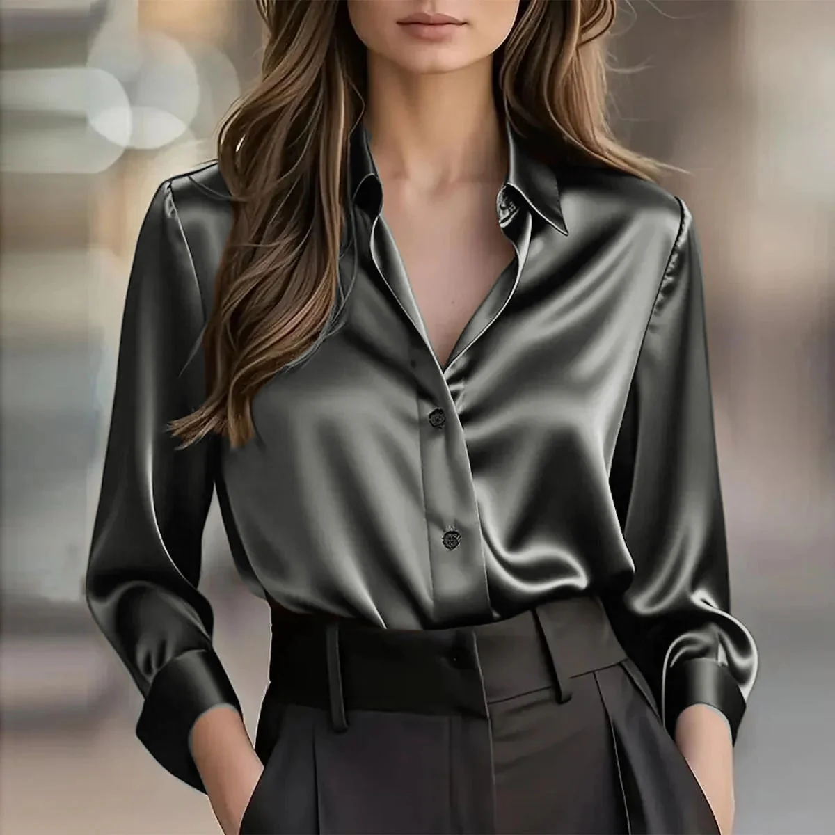 Damen Satin-Bluse mit Knopfleiste und langen ?rmeln