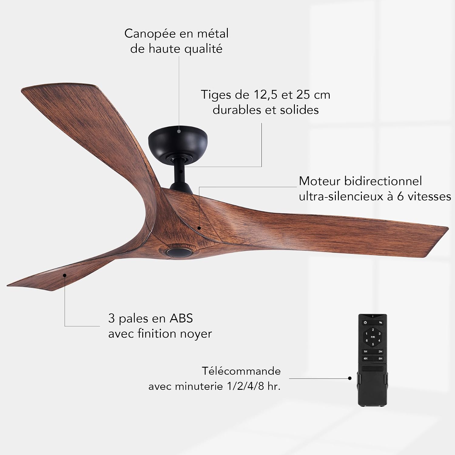 VONLUCE Ventilateur de Plafond Ø132CM 52 Pouces 3 Pales sans Lumière avec Télécommande Moteur DC Silencieux Réversible 6 Vitesses pour Chambre à Coucher Patios Salon Fermier, Noyer