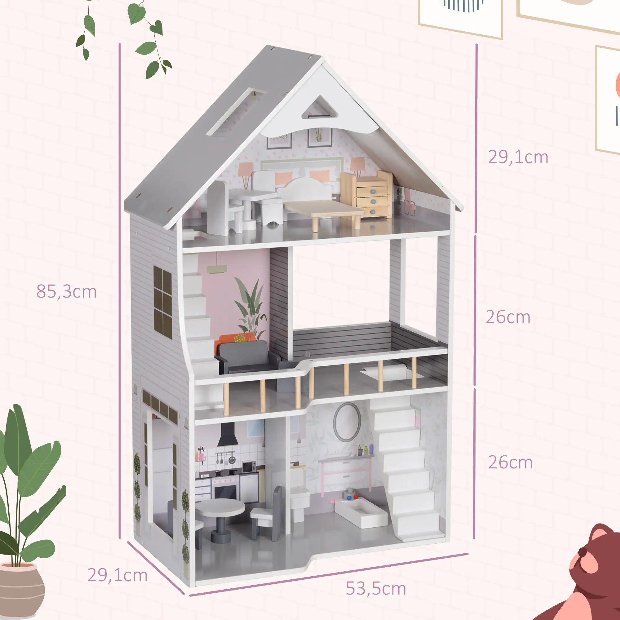 AIYAPLAY Houten poppenhuis 3 verdiepingen met 13 meubels open spel