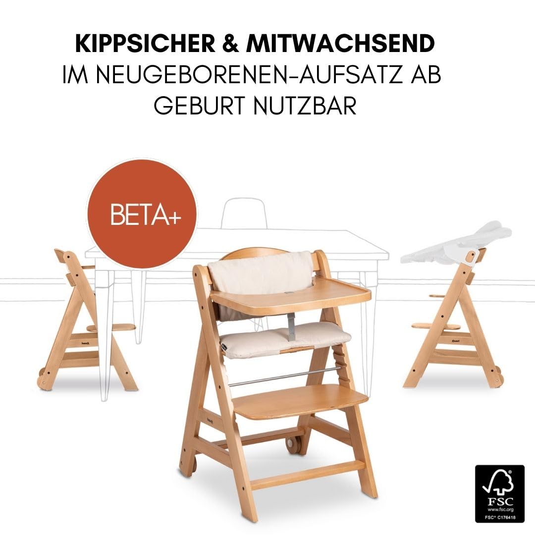 hauck Hochstuhl Beta+ Newborn Set Deluxe - Babyhochstuhl Set ab Geburt mit Neugeborenen Aufsatz Bouncer, Sitzpolster und Essbrett - Natural