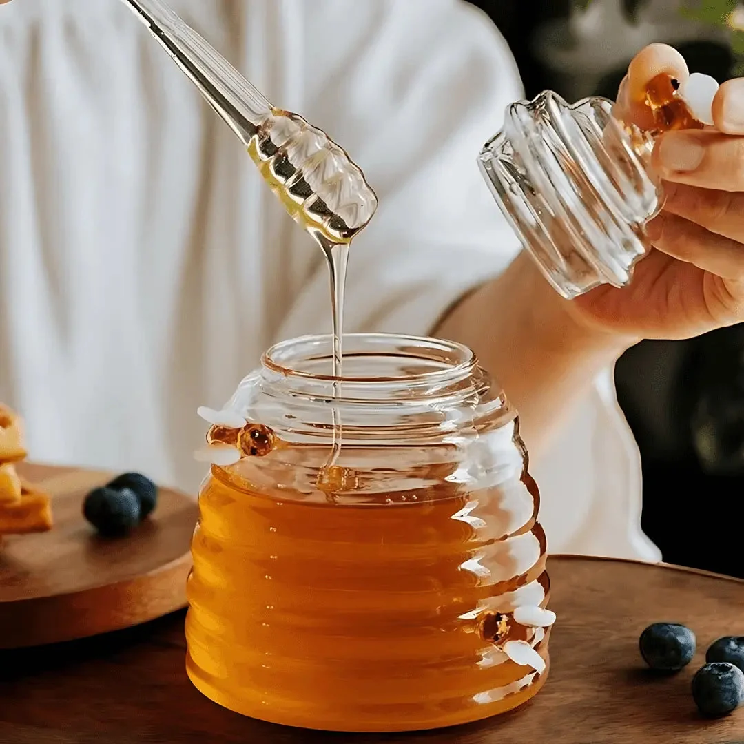 Elegantes Honigglas mit Bienen-Dekor und Honiglöffel