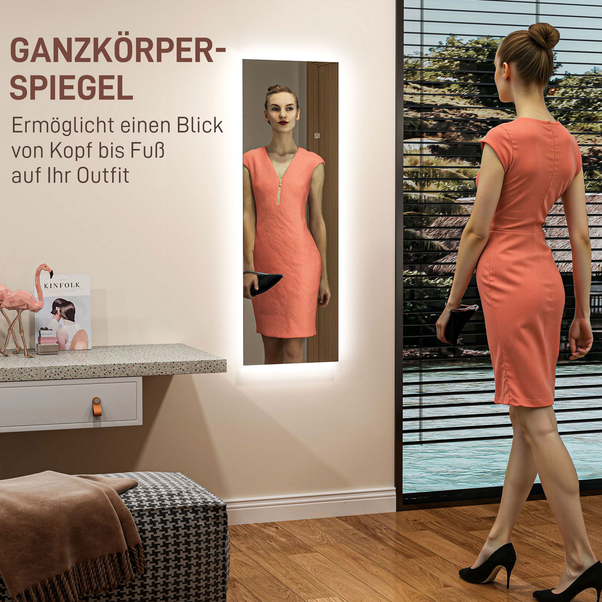 LED Volledige lichaamsspiegel, dimbaar, randloos, Touch-bediening, 40 x 120 cm