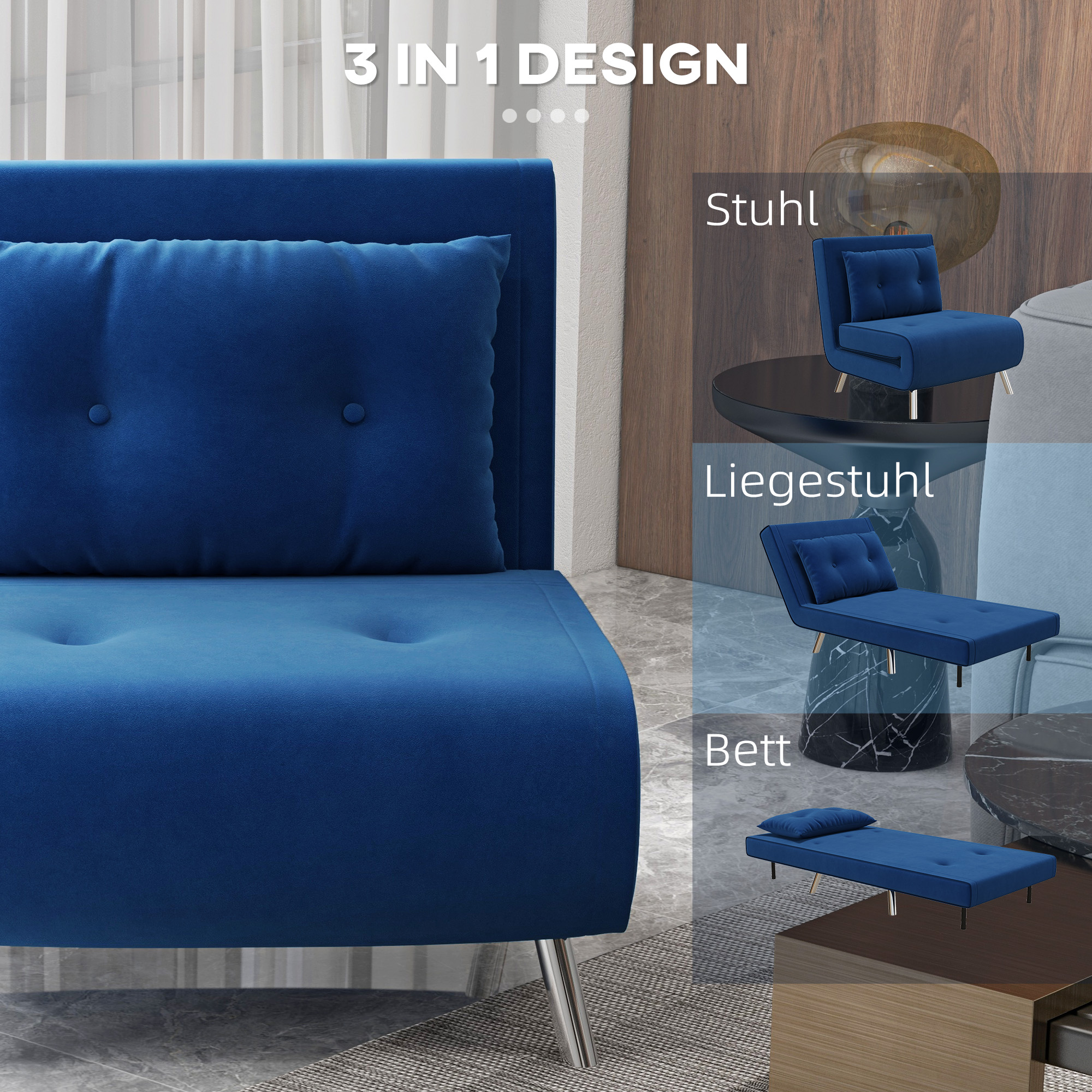HOMCOM Ligstoel Stoel met Ligfunctie Slaapstoel, Knoopstiksels, Fluweellook, 77 cm x 88 cm x 83 cm, Blauw