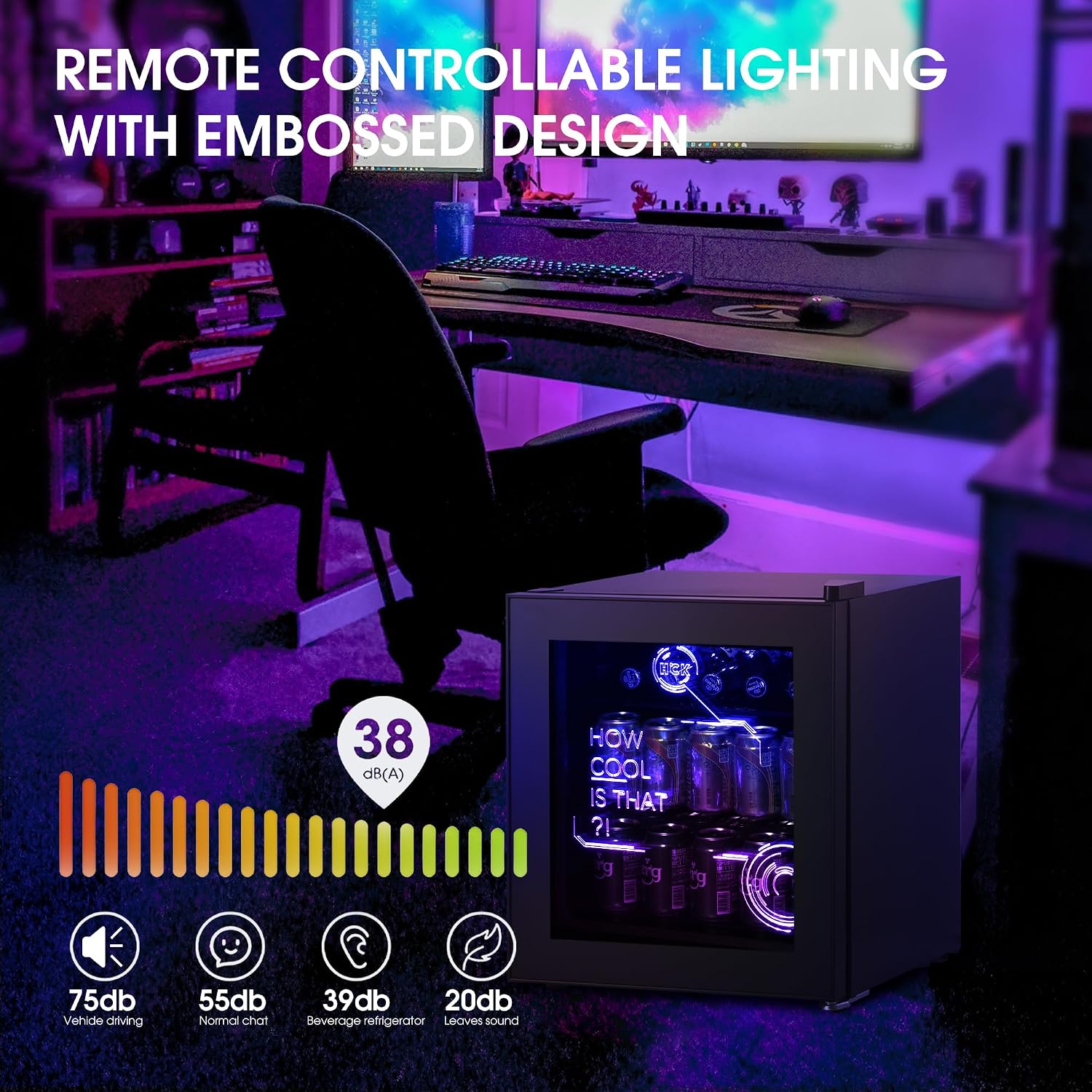 HCK 48L Mini Kühlschrank mit Glastür Leise 39dB, Cyberpunk Getränkekühlschrank mit Fernsteuerbaren RGB LED Lichtern, Flaschenkühlschrank, Mini Fridge 0-15°C für Gaming Deko, Minibar, Schwarz