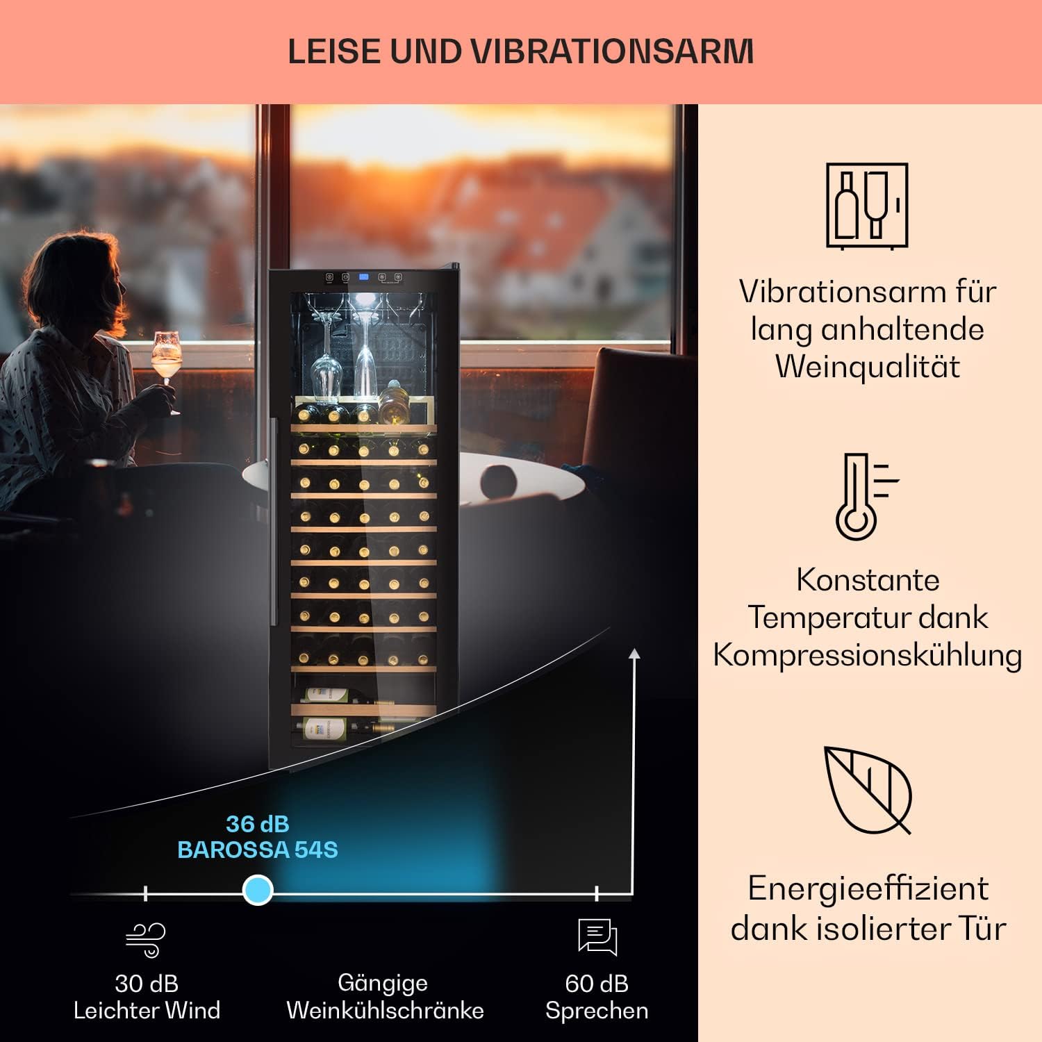 Klarstein Weinkühlschrank, Getränkekühlschrank Schmal, 1 Zone Kühlschrank mit Glastür, Getränkekühlschränke Freistehend, Weinkühlschrank Klein, Weinkühlschränke mit UV-Schutz, 4-18°C, 54 Flaschen