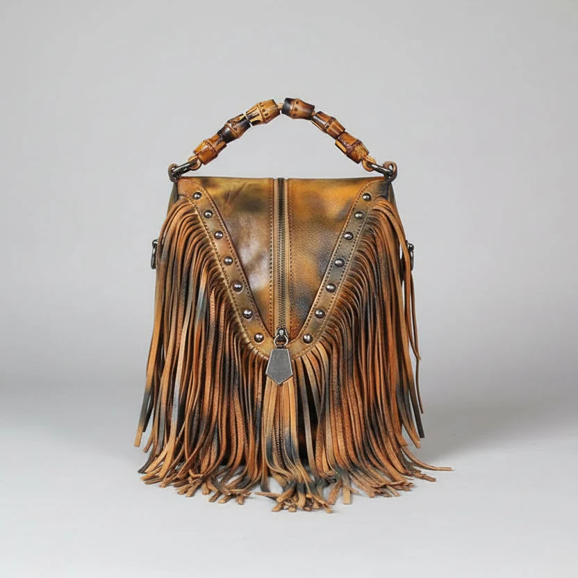 Full Grain Leather Fringe Handbag with Bamboo Handle