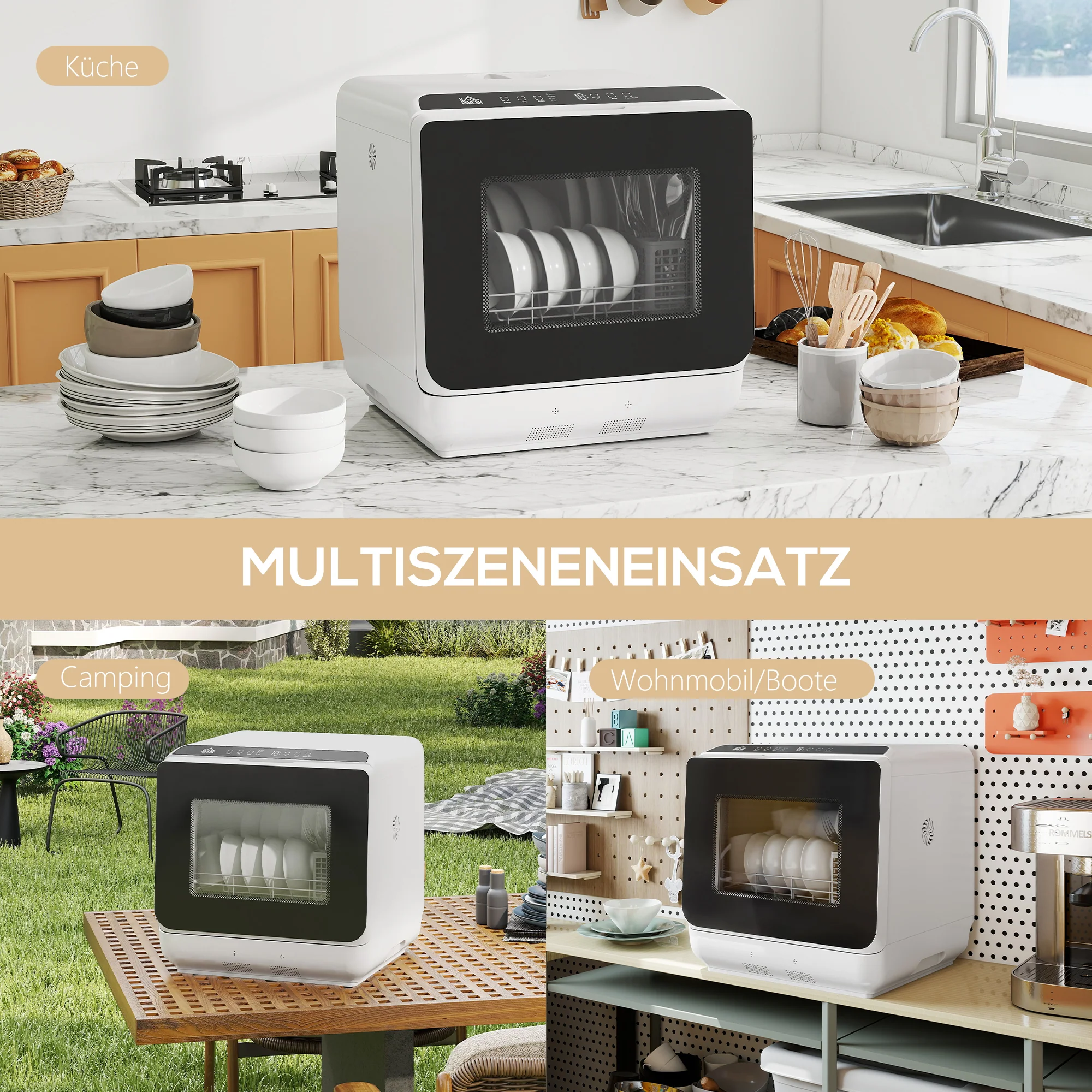 HOMCOM Tafelvaatwasser, Mini-Vaatwasser met 6-Liter-tank, 5 Programma's, LED-display, Droogfunctie, Wit