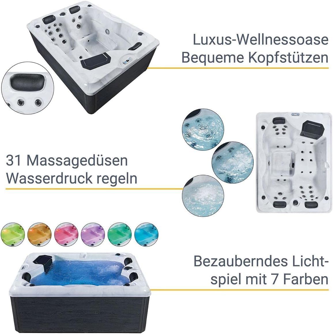 Luxus Outdoor Whirlpool Berlin (Weiß) – 210x160 cm – mit 31 Massagedüsen, Heizung, Ozon, LED – Hot Tub für 2–3 Personen – Winterfest – Garten & Terrasse