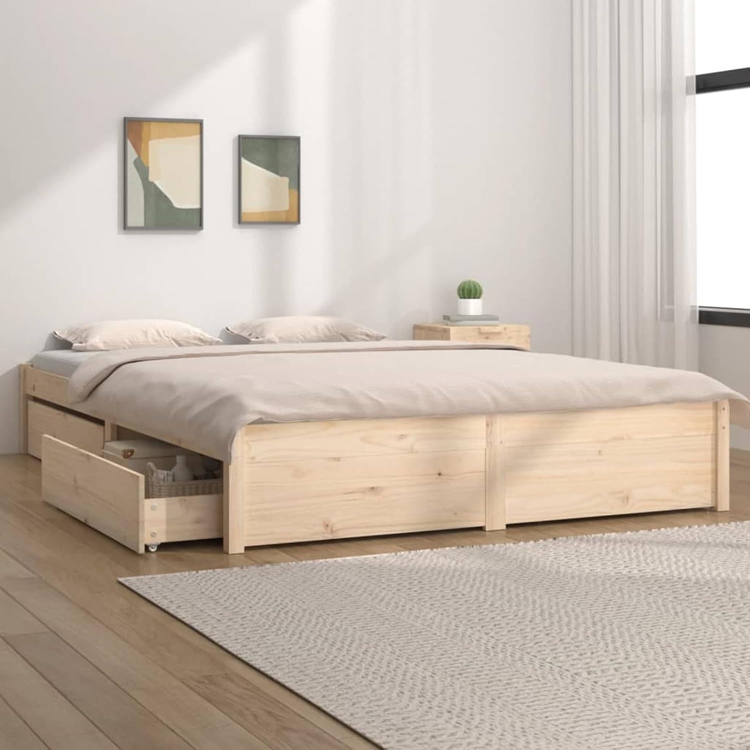 Bett 200x200 mit Stauraum Holz Bett mit Schubladen Stauraumbett mit Lattenrost Doppelbett Bettkasten Jugendbett Holzbett Bettrahmen Schlafzimmer-Natur-200 x 200 cm