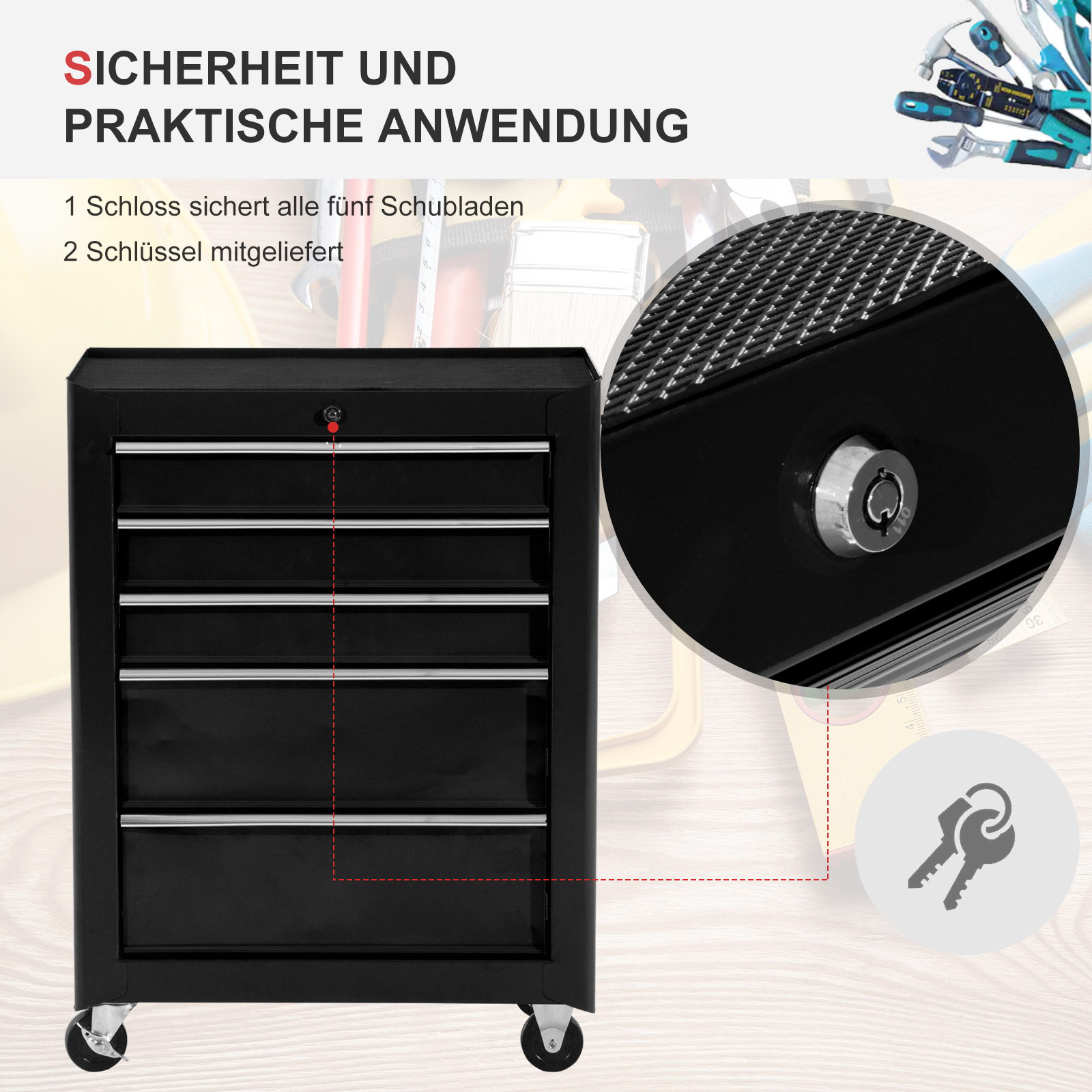 Gereedschapskast, Gereedschapskist, 5 Laden, Rolbaar, Staal, Zwart