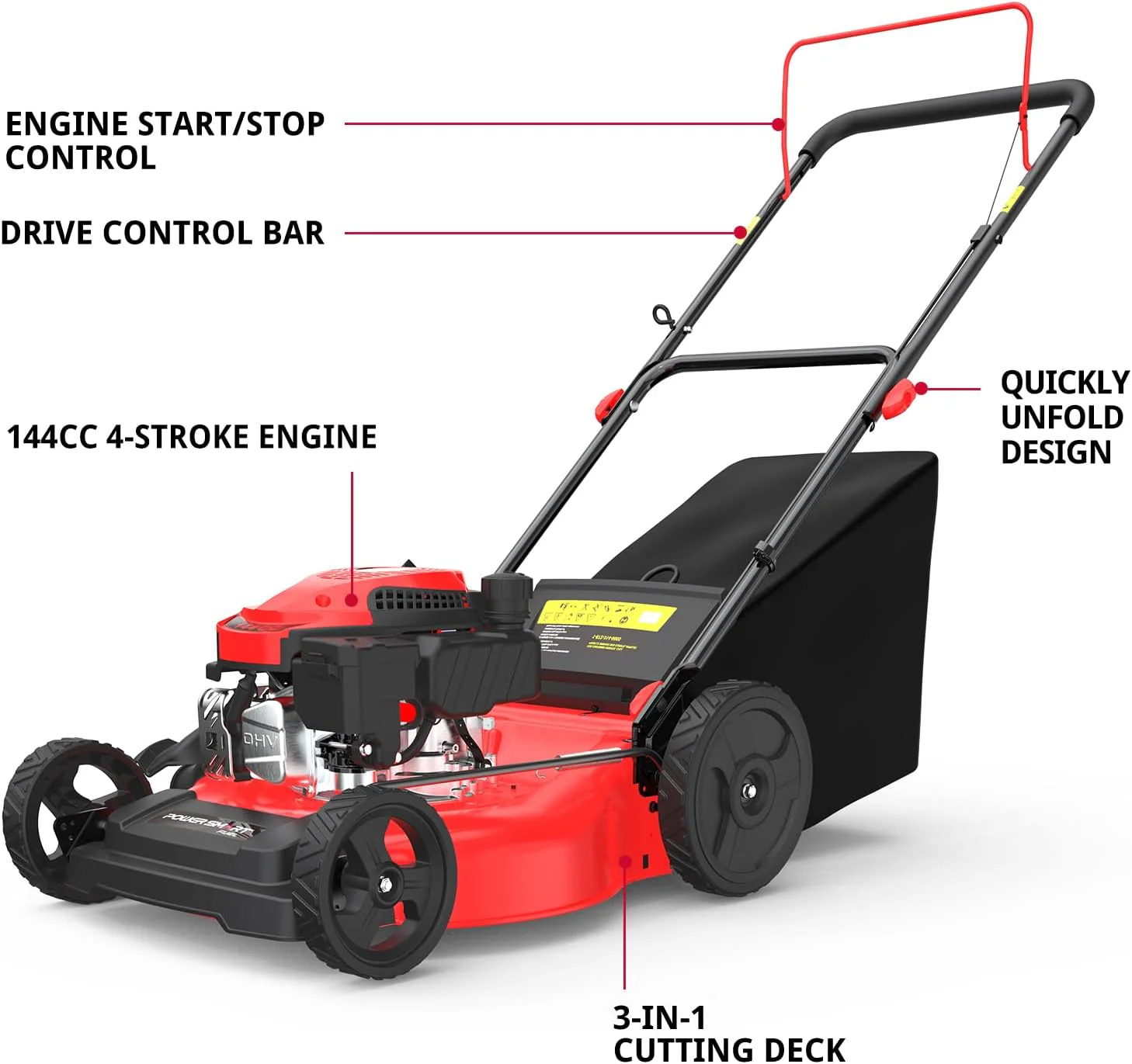 PowerSmart Gas Lawn Mower 21-Inch 144cc OHV Engine 3-in-1 Push Mower with Bagging