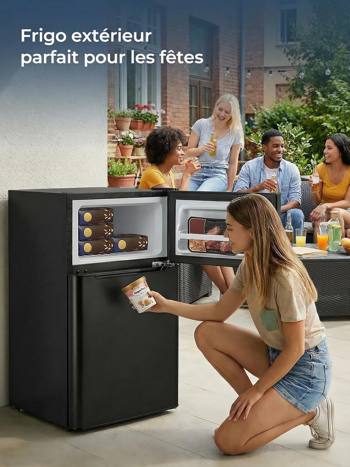 FOHERE Mini Kühlschrank mit Gefrierfach Klein 90L, 26 L Gefrierfach | 64 L Kühlschrank für Schlafzimmer, 7-Stufen Thermostat, Energieeffizien, 43 dB mit 2 Wechselbare Tür, für Wohnheime, Wohnungen