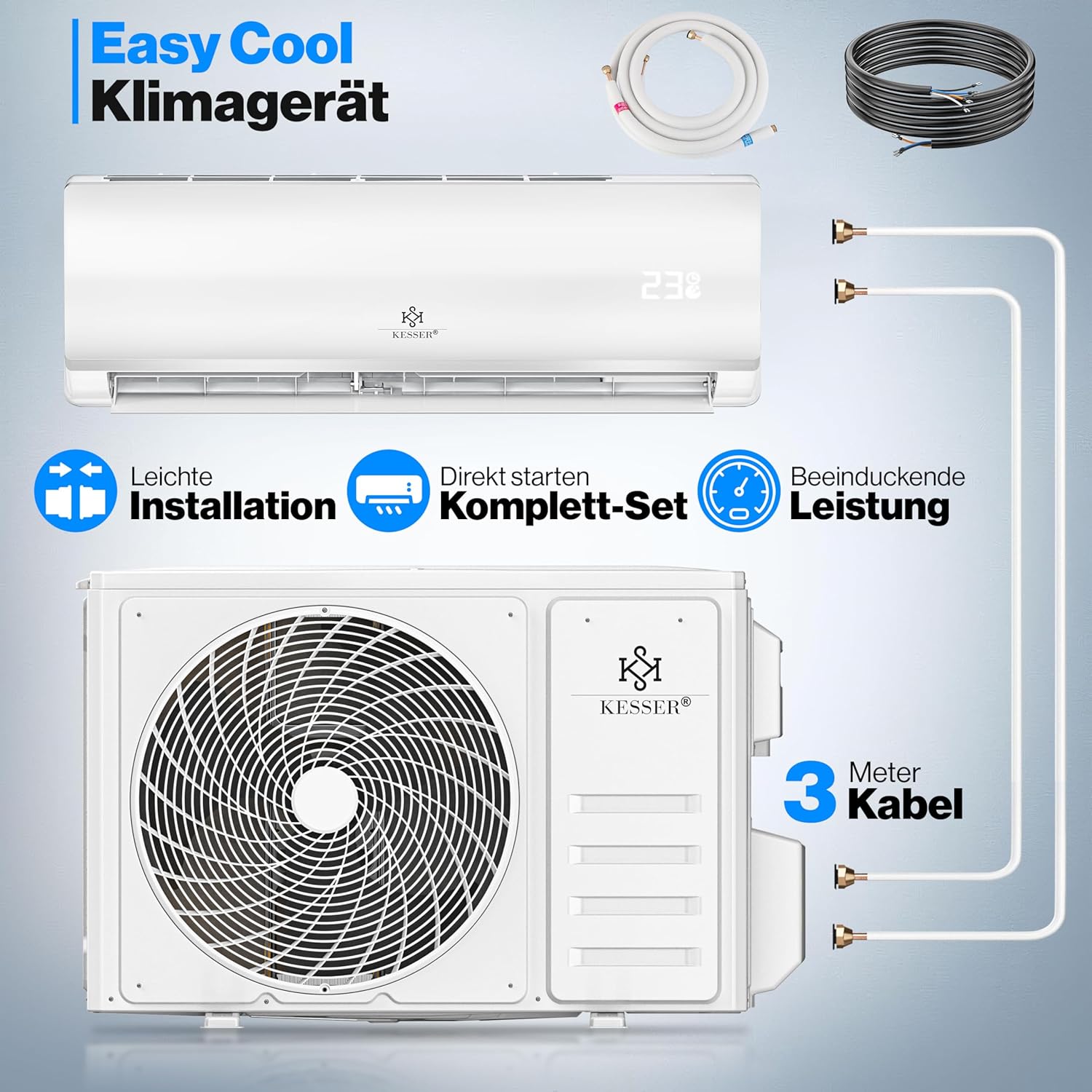 KESSER® Klimaanlage Set Split, WiFi/App Funktion Klimagerät, Kühlen A++/Heizen A+ -9000 BTU/h (2.600 W) sehr leise, Kältemittel R32, Fernbedienung, Timerfunktion, Montagematerial [Energieklasse A++]