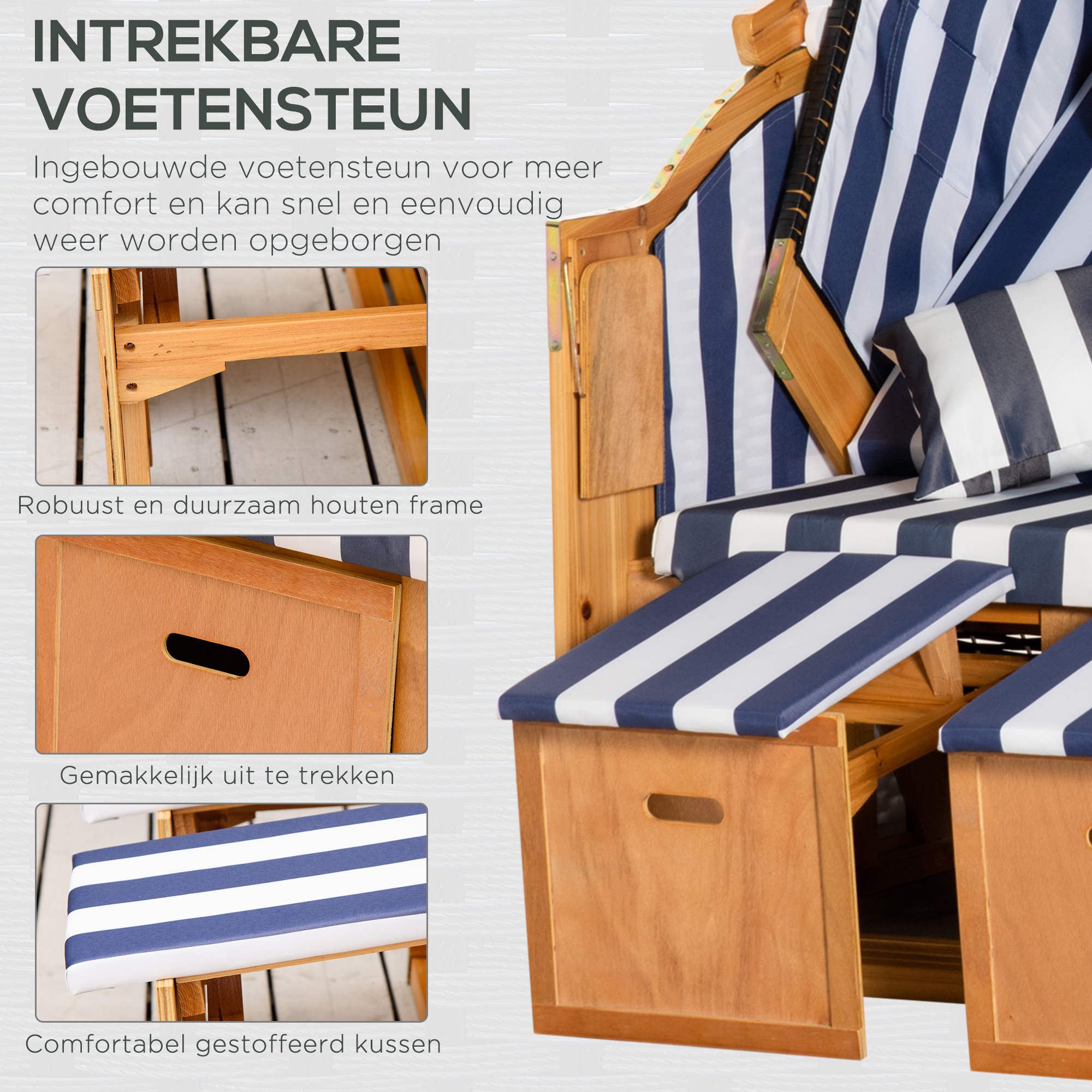 Outsunny strandstoel met dak rotan look klaptafel blauw 118 x 79 x 150 cm