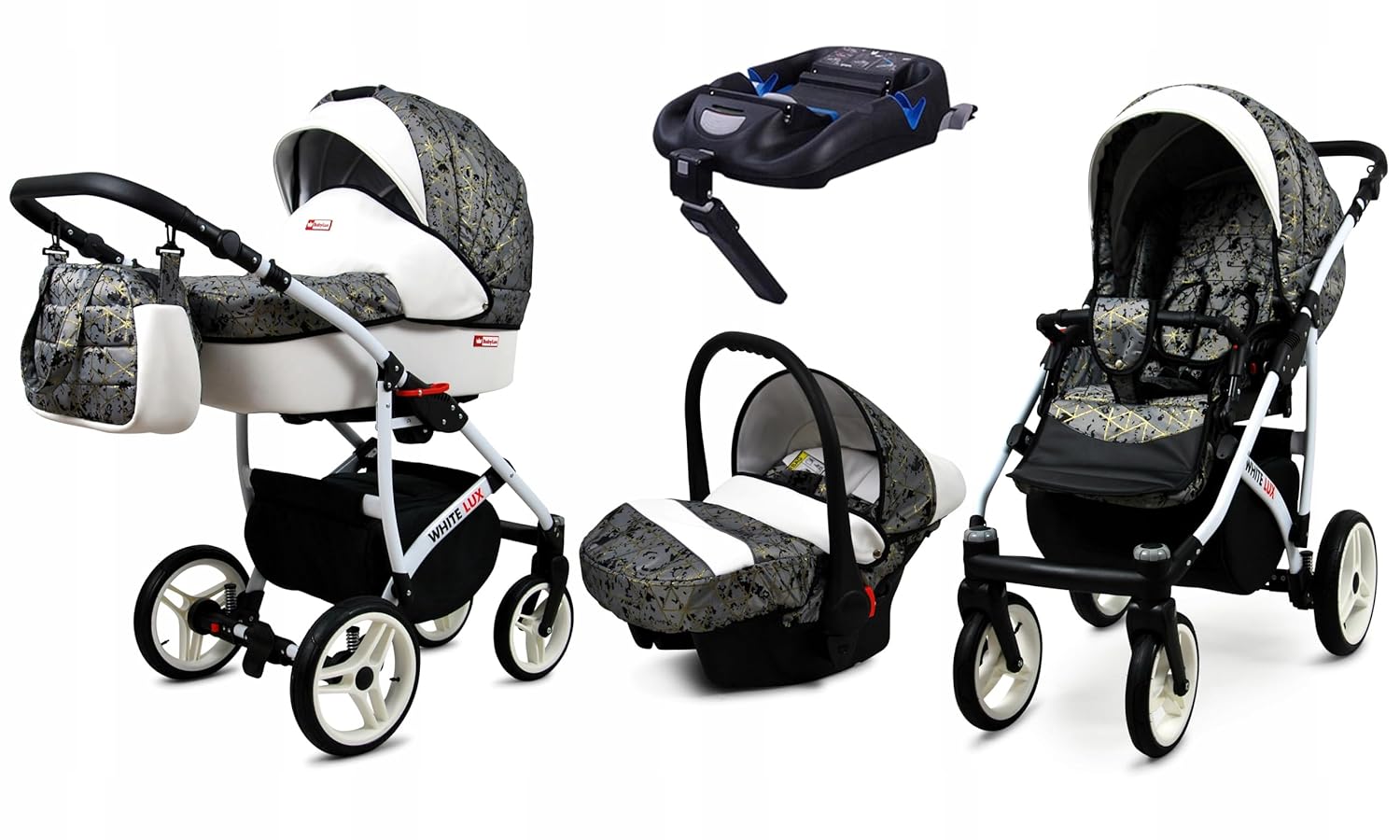 BabyLux® Bambimo Kinderwagen Set 3 in 1 - White Lux - incl. Babywanne, Buggy Sportsitz, Auto-Babyschale - Autositz - Kinderwagenset - Kombikinderwagen mit Wickeltasche, Regenschutz usw.