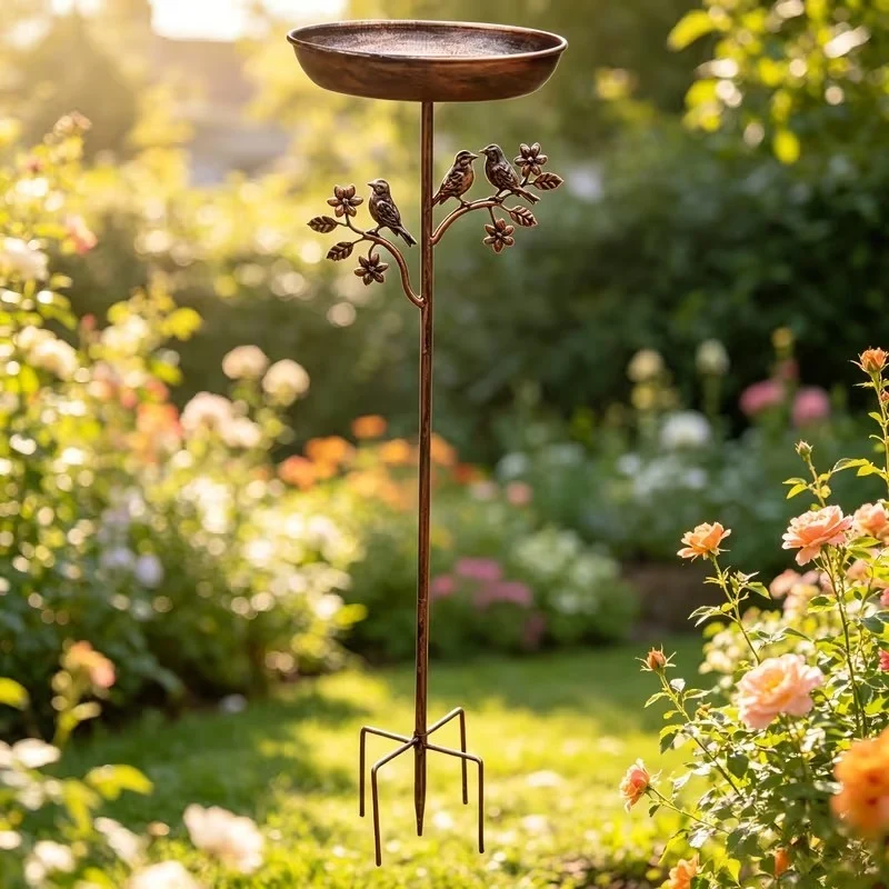 Vogeltr?nke f��r den Garten mit Erdspie? aus Metall in Kupfer-Optik �C Wetterfeste Vogelbadestelle f��r Wildv?gel und Beete
