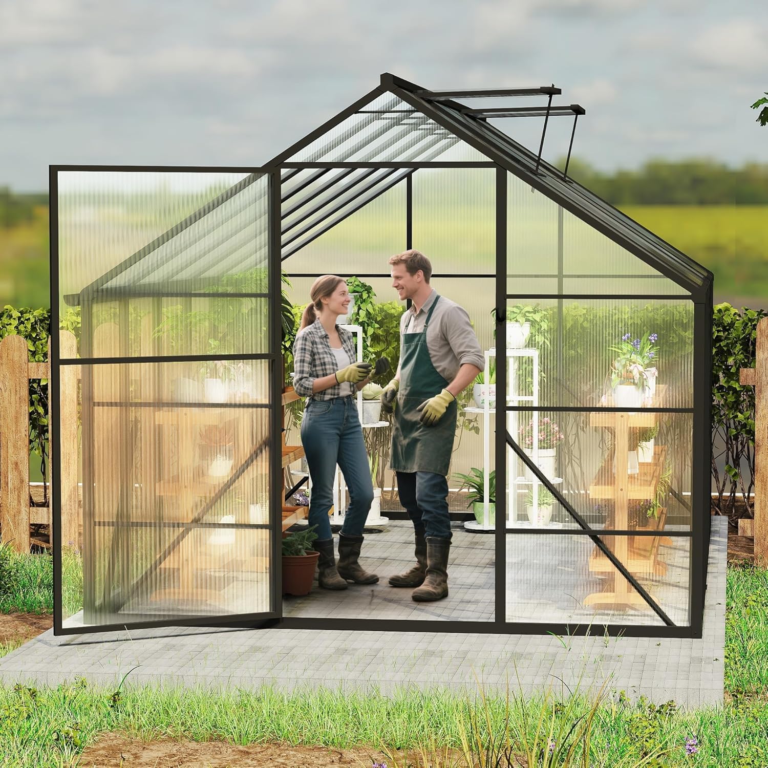 LZQ Gartengewächshaus Aluminium mit Fundament 380x250x205 cm Gewächshaus Pflanzenhaus mit Schiebetür und Dachfenster Treibhaus Gartenhaus Winterfest Aufzucht Tomatenhaus (8x12 ft)
