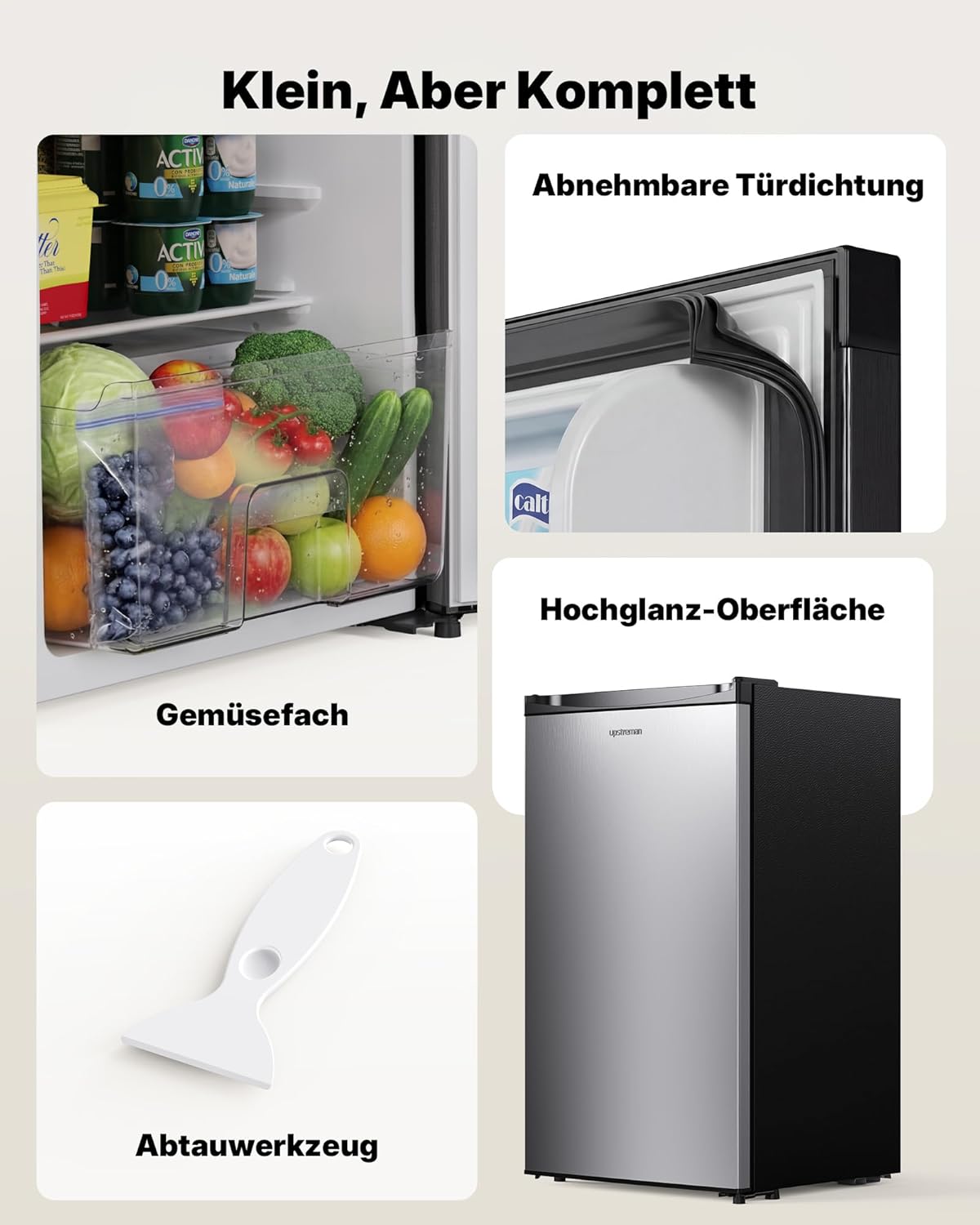 Upstreman 91L Kleiner Kühlschrank mit Schnellkühlfach, 5 Temperaturstufen (0-10℃), Energieeffizient, 41 dB Leiser Betrieb, Kompakt Geräumig für Studentenwohnheim/Büro, BR321-Silber