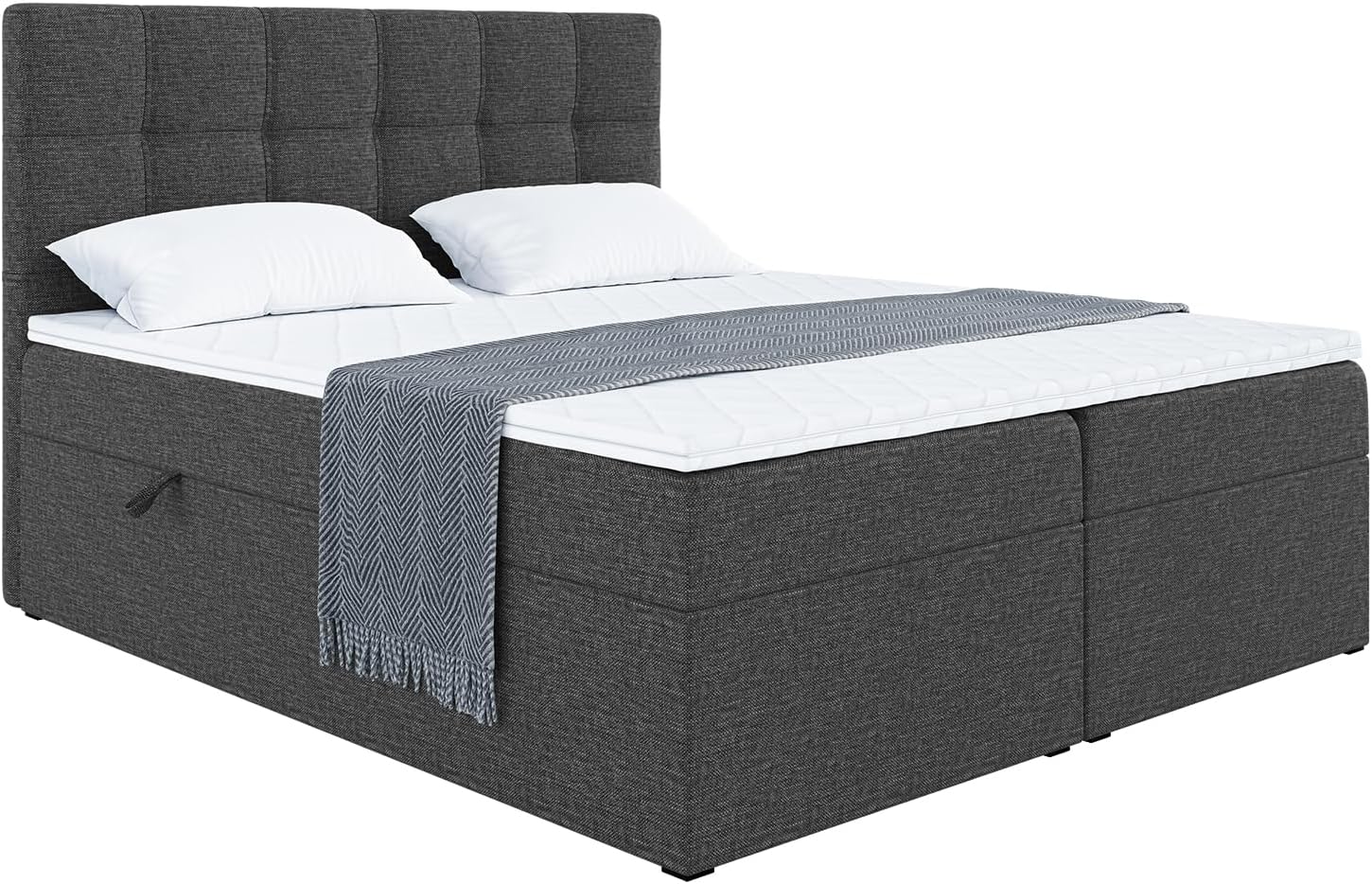 MEBLINI Boxspringbett mit Bettkasten - Gepolstert Doppelbett mit Matratze und Topper - Polsterbett mit Stauraum - Bett mit Kopfteil - Stauraumbett - NILS - 140x200 - H3/Dunkelgrau Webstoff