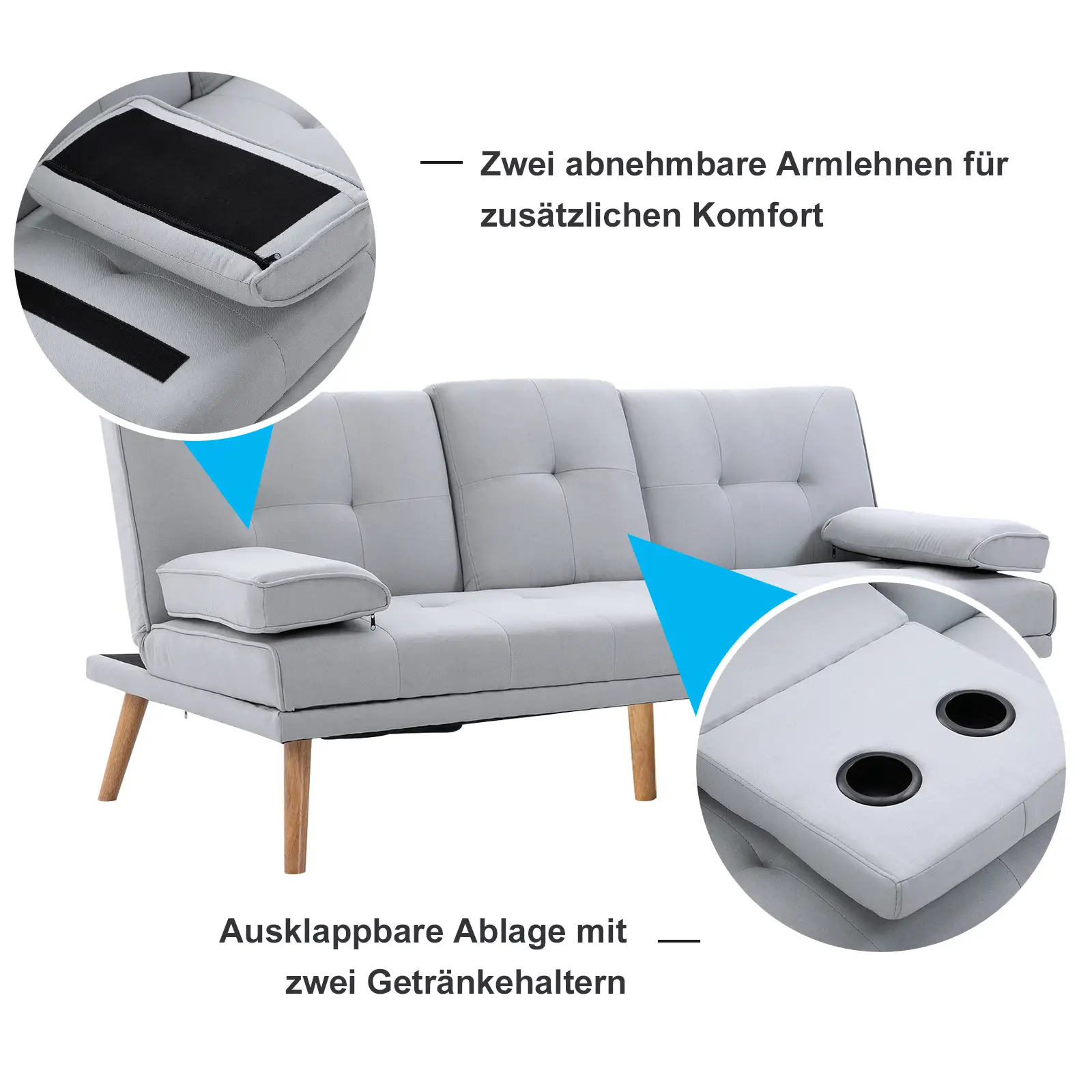 HOMCOM Schlafsofa 3-Sitzer mit verstellbarer Rückenlehne & Tisch hellgrau
