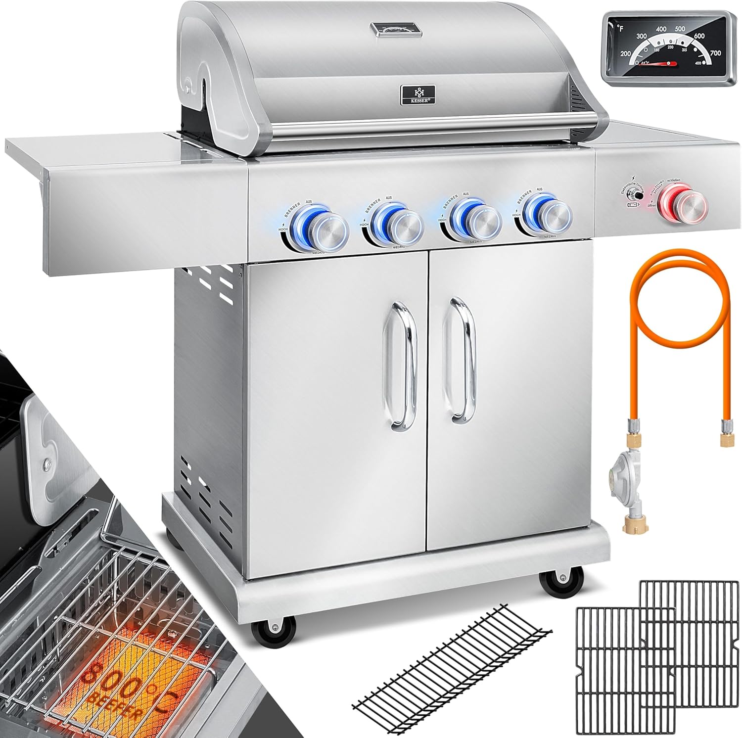 KESSER® Gasgrill mit 4 Brenner + 1x Infrarot Keramik Seitenbrenner & Piezo-Zündung | bis 800°C BBQ Grillwagen aus Edelstahl inkl. Grillrost (66cm) aus Gusseisen, Grillthermometer & Gas-Schlauch