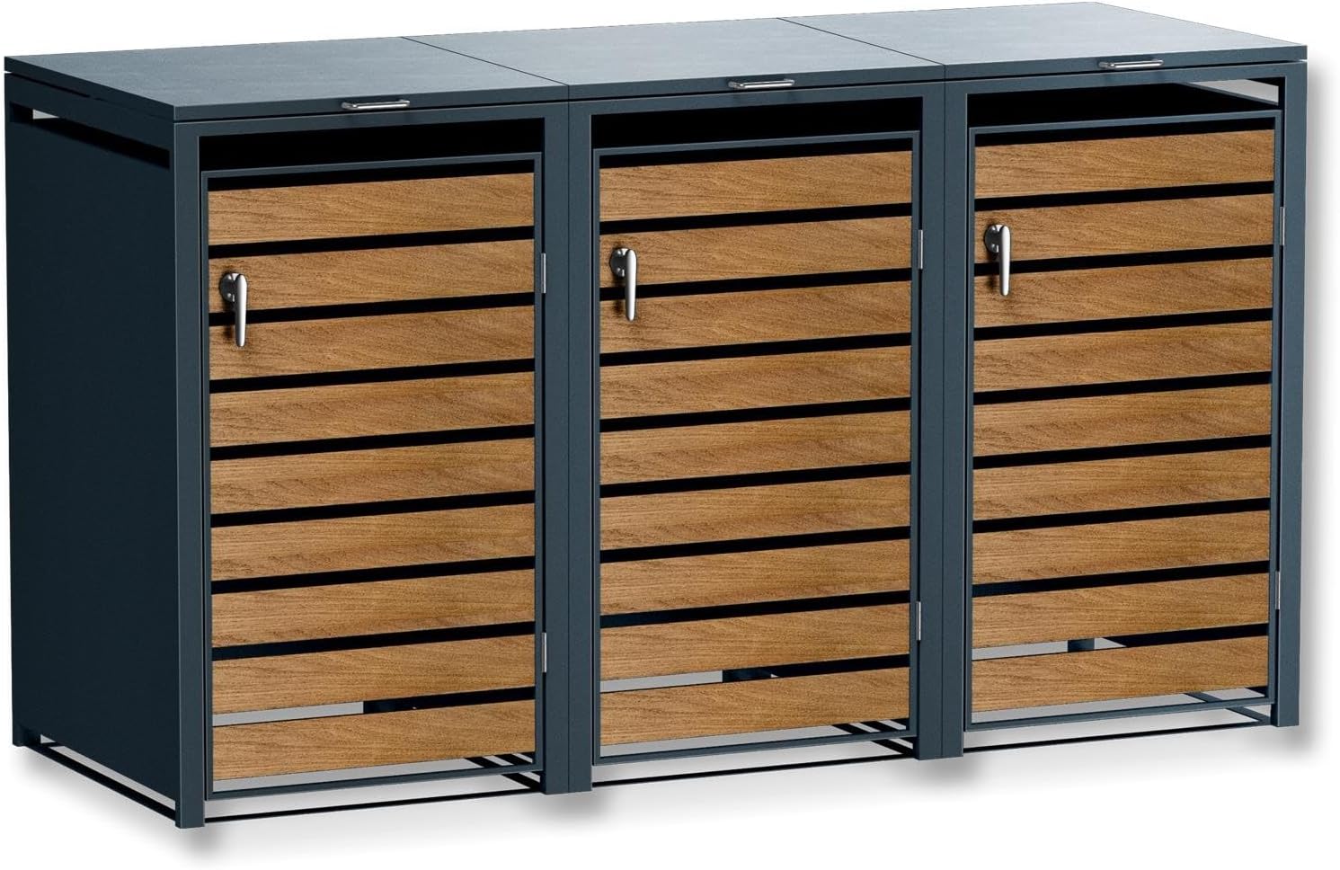 Metzler Mülltonnenbox in Anthrazit & Holzoptik 3er 240L, Mülltonnenverkleidung 3 Tonnen, witterungsbeständiger und pulverbeschichteter Stahl mit Automatikdeckel, abschließbar, Garten- und Müllbox