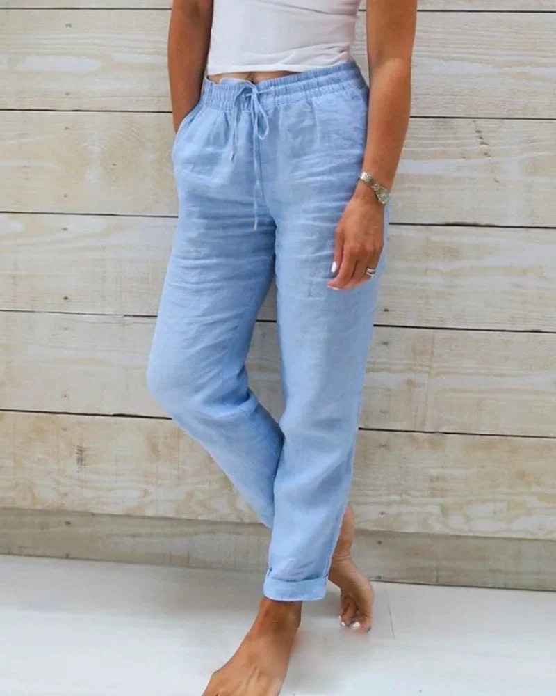 Damen Leinen-Baumwollhose mit elastischem Bund und Kordelzug