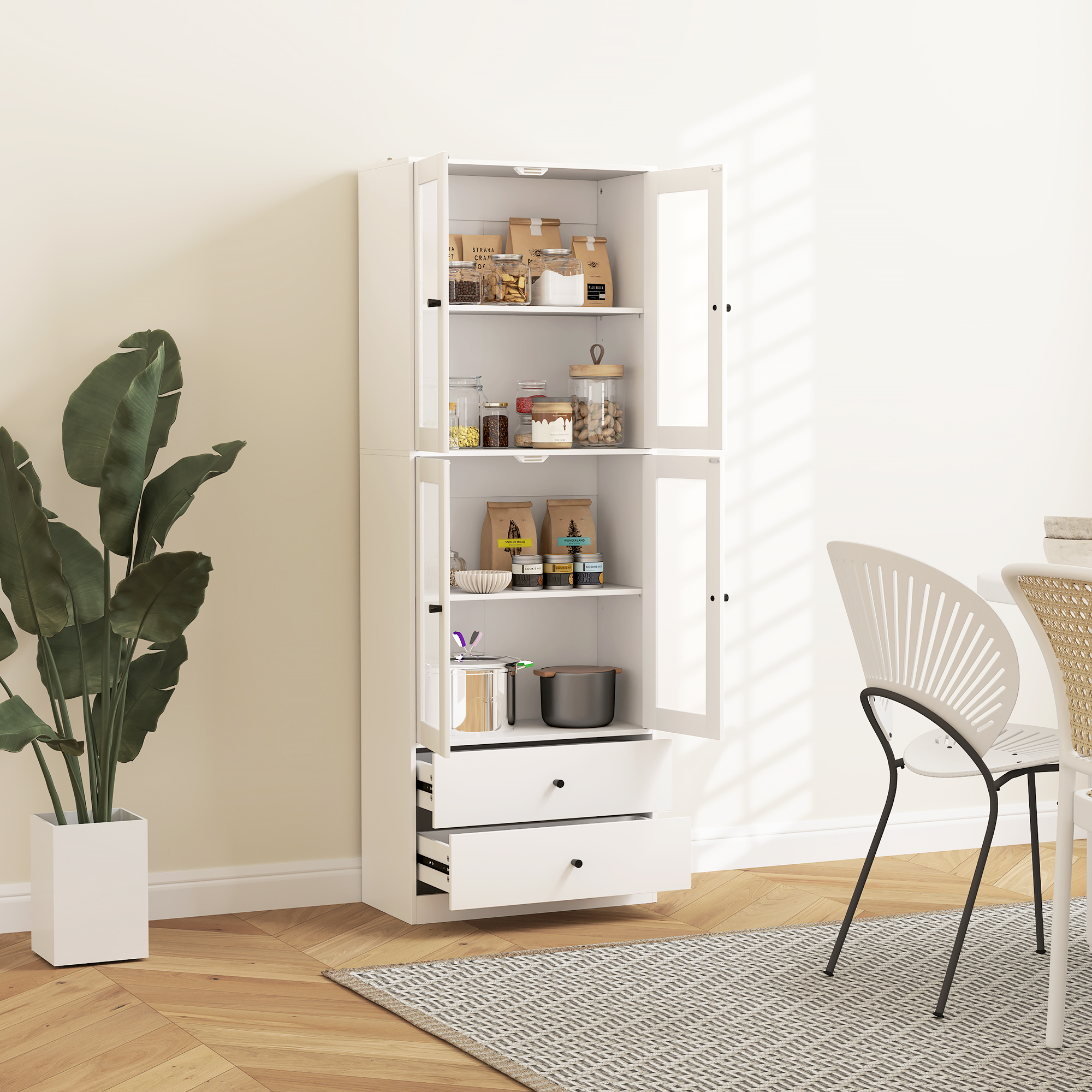 Keukenkast met Lades en Glazen Deuren, Melamine Oppervlak, Wit