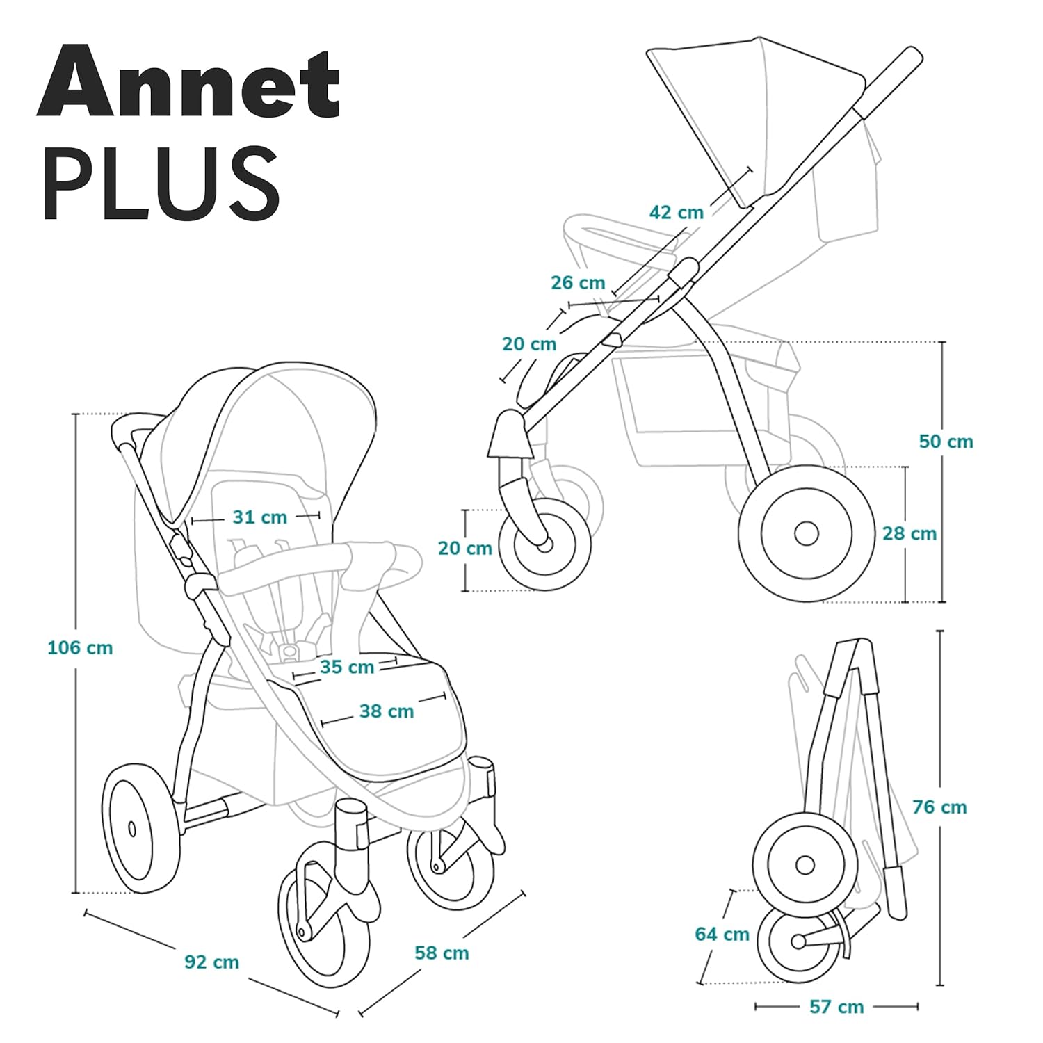 LIONELO Annet Plus Buggy bis 22 kg mit Liegefunktion, Kinderwagen klein zusammenklappbar mit Zubehör, Eva-Schaum-Räder, Moskitonetz, Fußdecke Getränkehalter, Korb