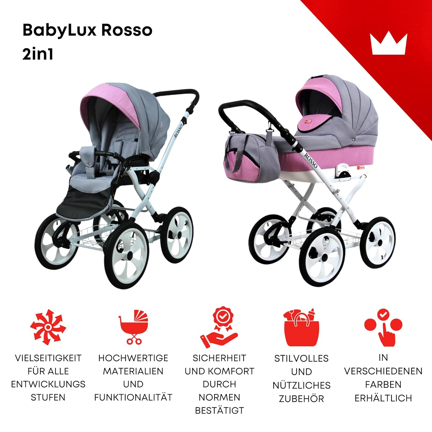 BabyLux® Bambimo Kinderwagen Set 2 in 1 - Rosso - incl. Babywanne, Buggy Sportsitz - Kinderwagenset - Kombikinderwagen mit Wickeltasche, Regenschutz, Moskitonetz, Cupholder usw.