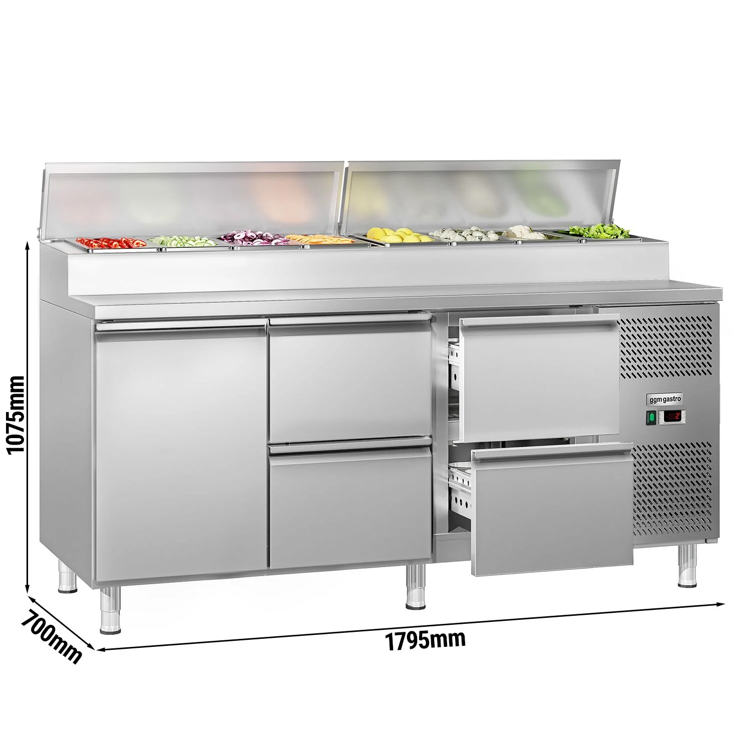 Saladette ECO - 1795x700 mm - 1 dør og 4 skuffer - med lokk - for 8x GN 1/3 beholdere
