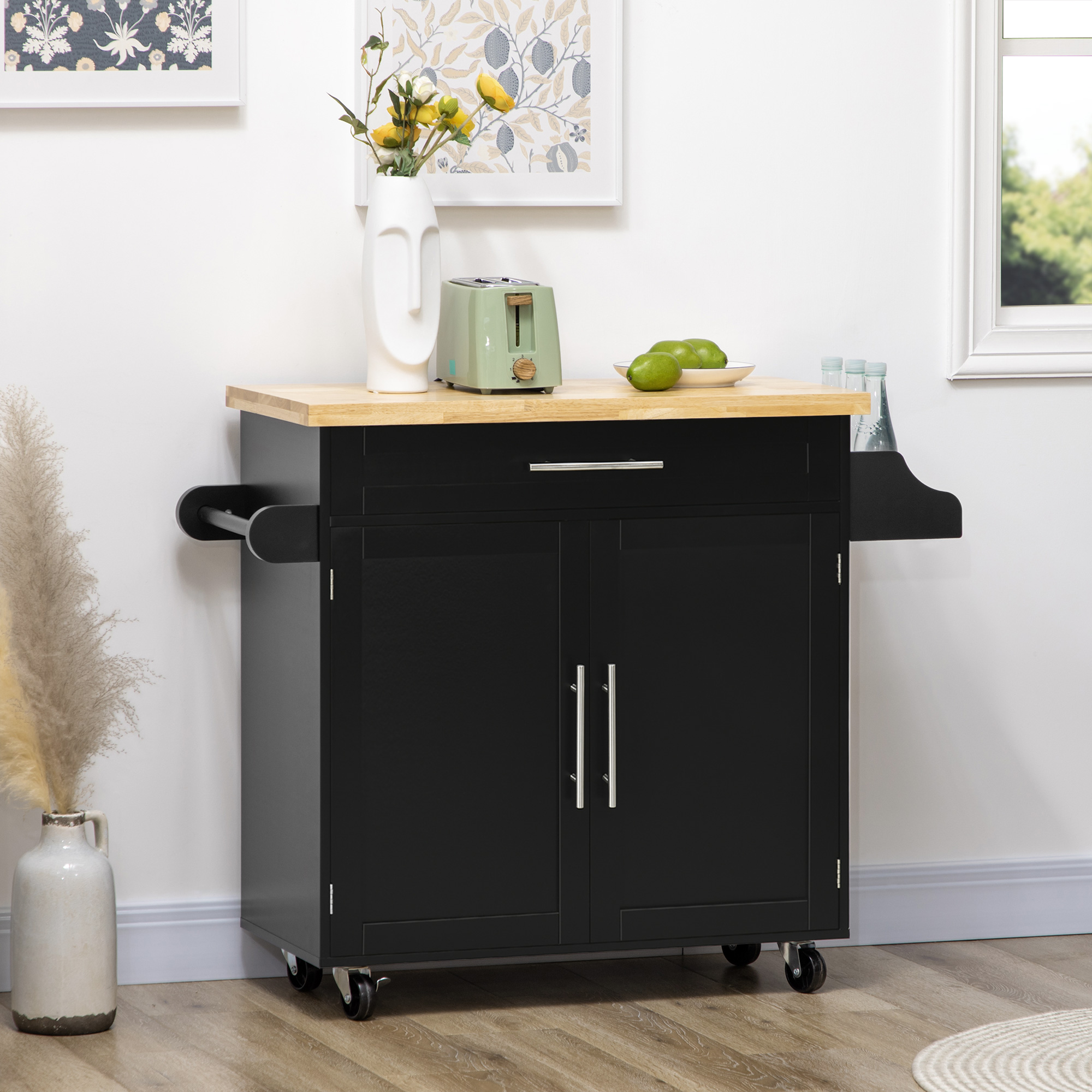 HOMCOM Keukentrolley Serveerwagen Keukenblok, 1 Kruidenrek, 1 Handdoekhouder, 109 cm x 40 cm x 89 cm, Zwart