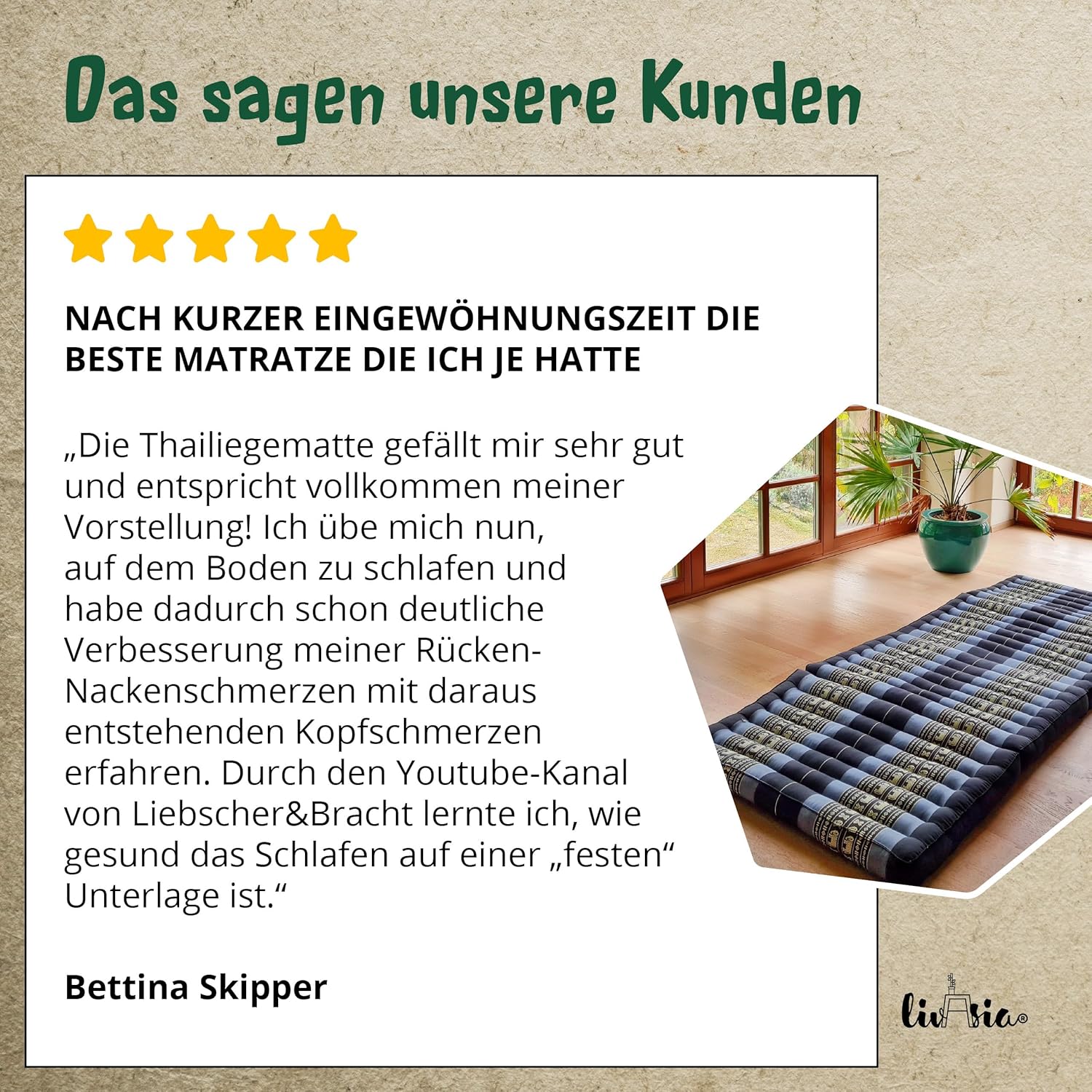 livasia Nachhaltige Klappmatratze aus Kapok - 200x80x8cm - Gästematratze, Faltbare Matratze einfarbig, ökologische Yogamatte, klappbares Gästebett, Liege Garten Balkon (Braun Uni)