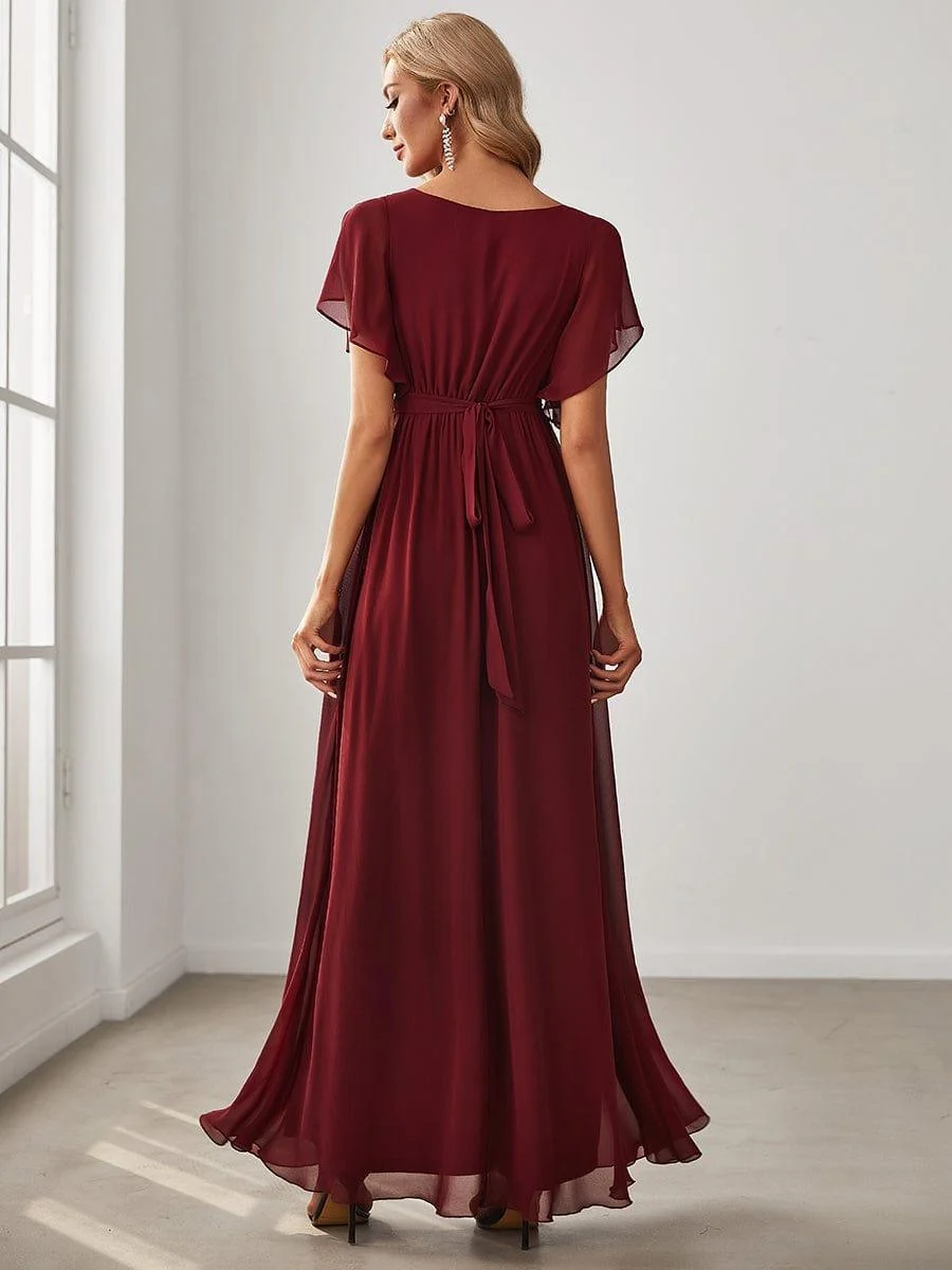 Abendkleid Damen Maxi A-Linie aus Chiffon | Festliches Kleid f��r Hochzeitsg?ste mit V-Ausschnitt und Fl��gel?rmeln