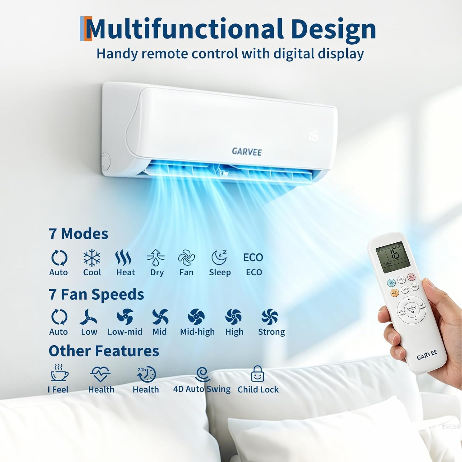 Garvee A++ Split-Klimaanlage 24000 BTU (7,2 kW), Inverter – Heiz- & Kühlfunktion, sehr leise (19 dB), antibakterieller Verdampfer, Aktivkohlefilter, WiFi & App-Steuerung, inkl. Montagematerial –
