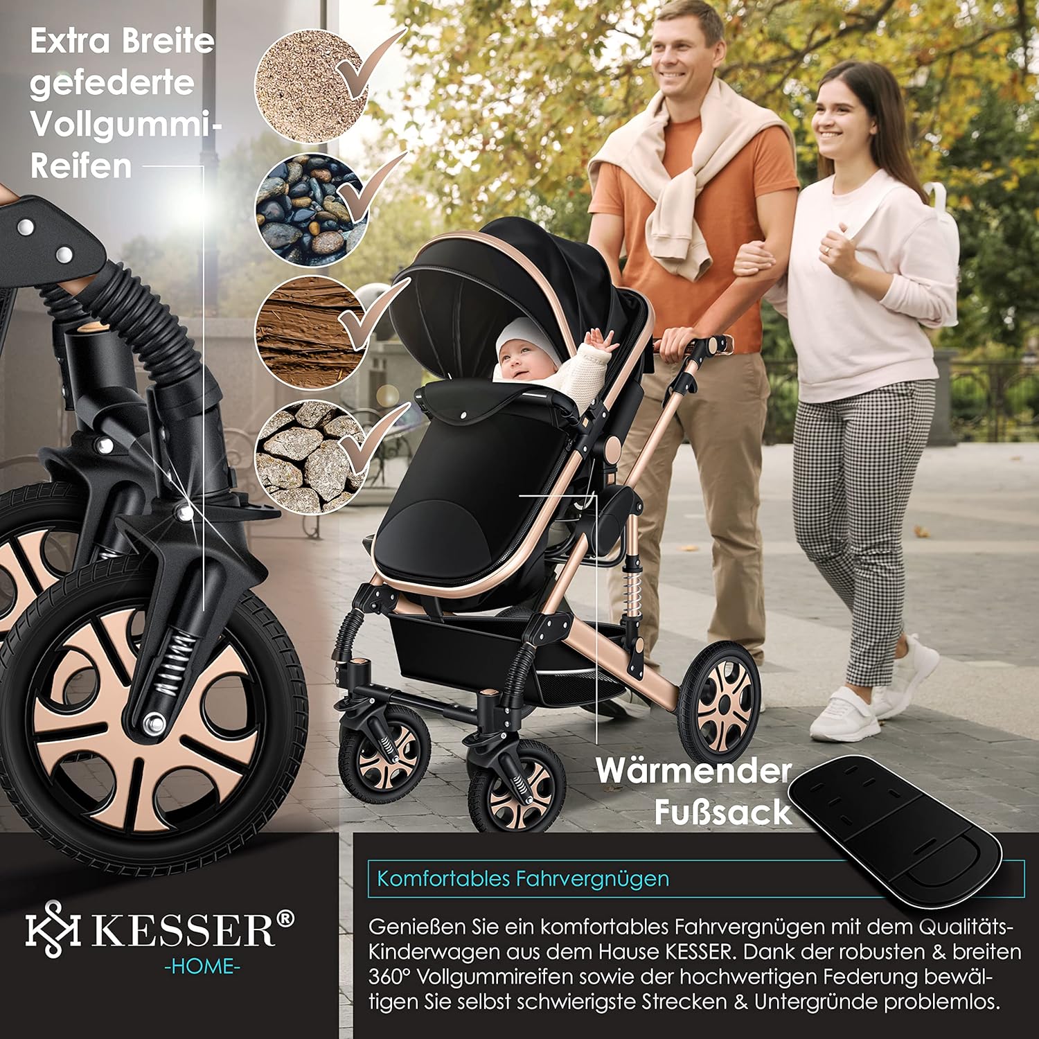 KESSER® Loops 3 in 1 Kinderwagen Kombikinderwagen Komplett-Set inkl. Babywanne & Buggy Sportsitz & Auto-Babyschale Voll-Gummireifen Wickeltasche Regenschutz Kindertisch ECE R129, Schwarz/Champagne