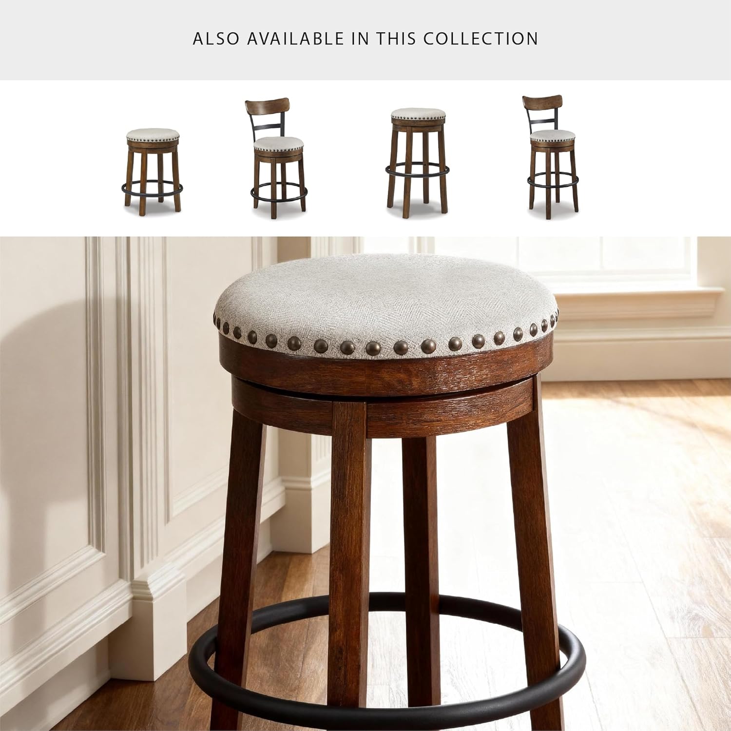 Signature Design by Ashley Valebeck Upholstered Swivel Stool, Cushioned Seat, Woven Fabric Upholstery, Wood, 24
