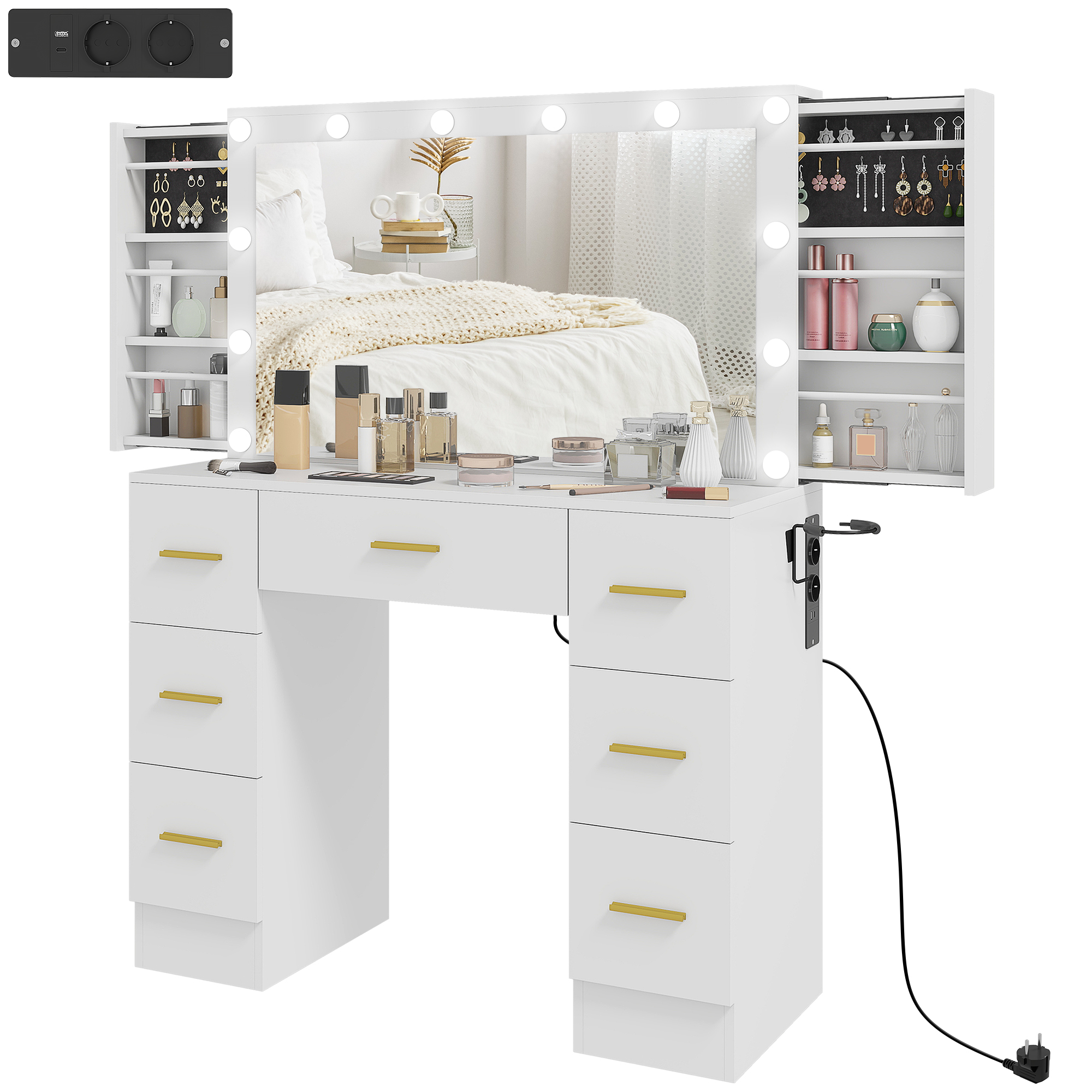 HOMCOM Kaptafel met Spiegel en 12 LED-lampen, Friseurtafel met 7 Lades, 6 Verborgen Opbergvakken, Spaanplaat, Wit