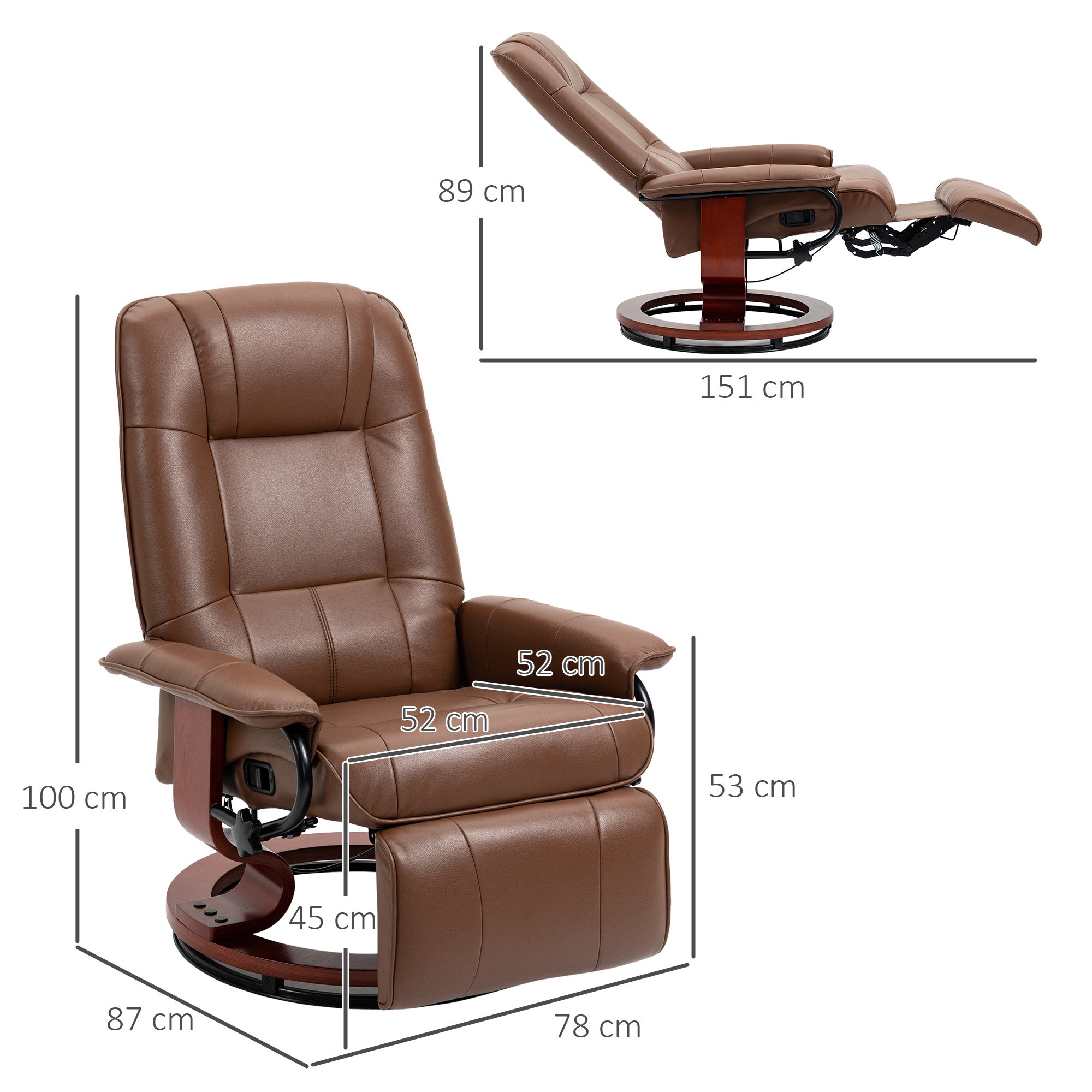 Relaxstoel, 145�� kantelbaar, Verstelbare Voetensteun, Kunstleder, 360�� Draaibaar, tot 120 kg, Bruin