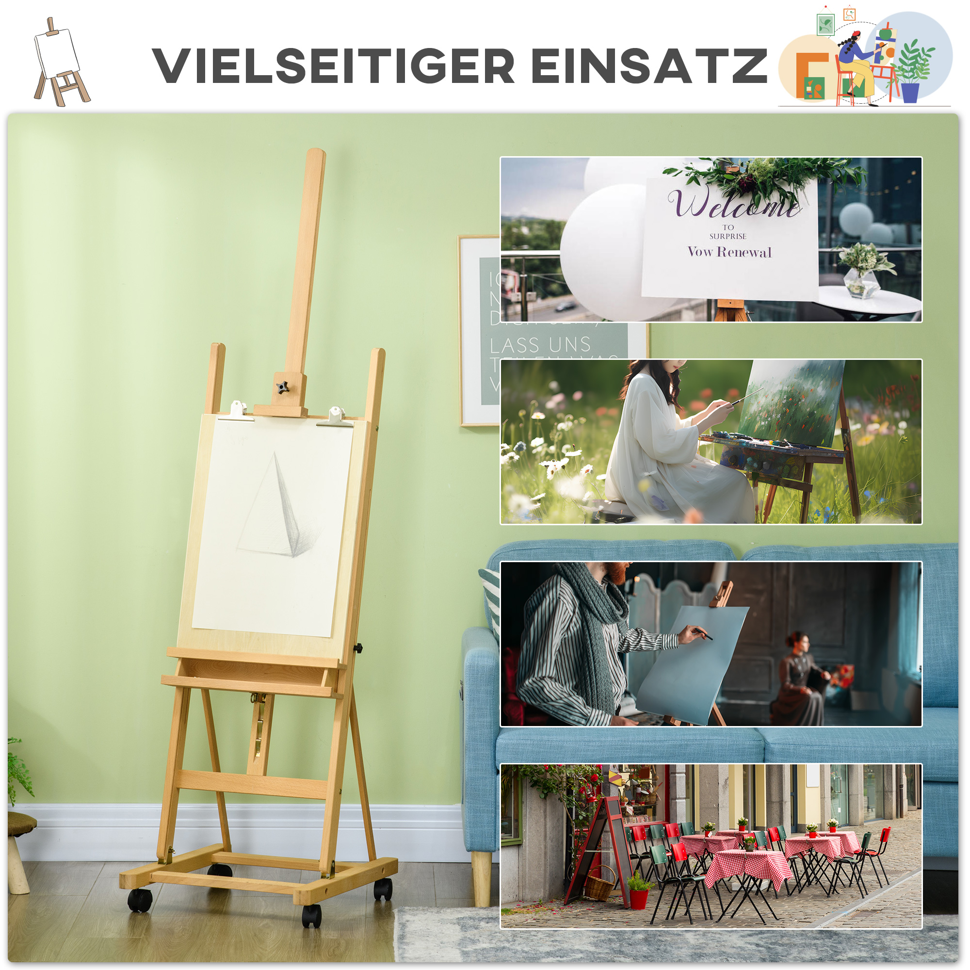 Vinsetto Schildersezel, Kunstenaarsezel, Verstelbaar in hoogte, 4 wielen, Natuur + Zwart