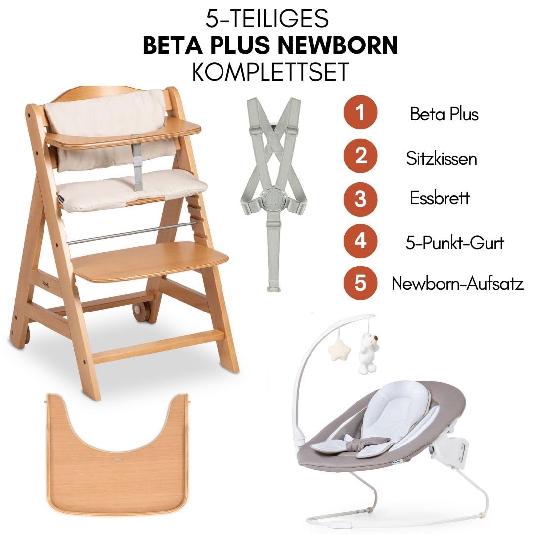 hauck Hochstuhl Beta+ Newborn Set Deluxe - Babyhochstuhl Set ab Geburt mit Neugeborenen Aufsatz Bouncer, Sitzpolster und Essbrett - Natural