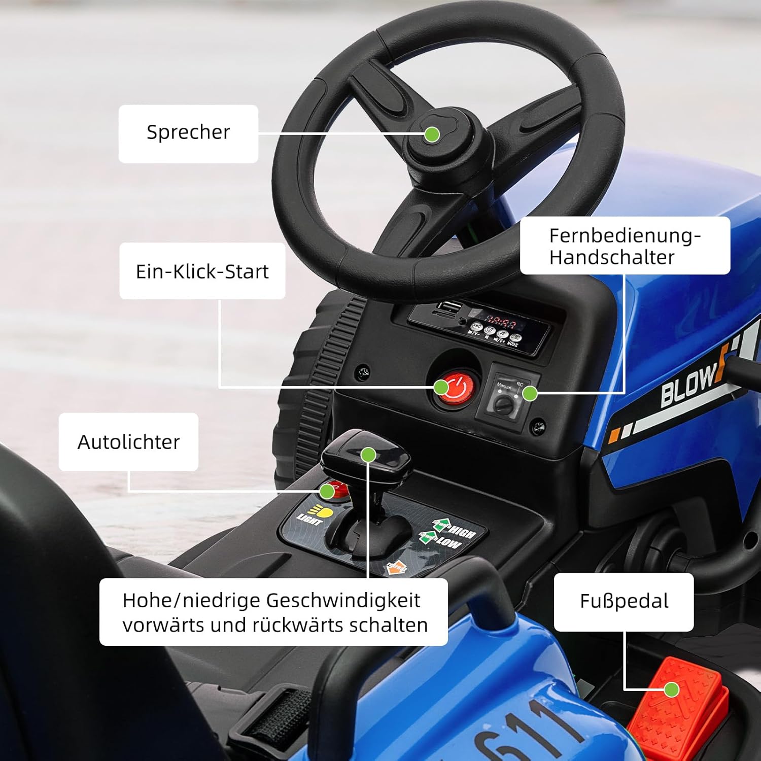 HAUSPROFI 12V 3-Gang Kinder Elektroauto mit Anhänger, Elektro Traktor 2 Fahrmodi, 2,4G-Fernbedienung, Kinder Traktor LED-Licht, Bluetooth, Musik, USB, Elektrischer Traktor für kinder ab 3 Jahren, Grün